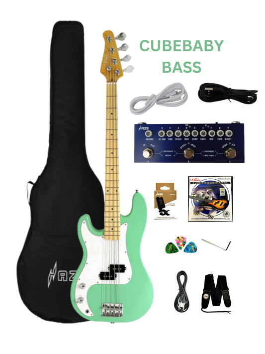 Haze Left Handed Basswood Seafoam Green Electric Bass Guitar - Surf Green PB172SGNLH with Accessories and Haze CUBEBABY Portable Multifunctional Bass (Optional)