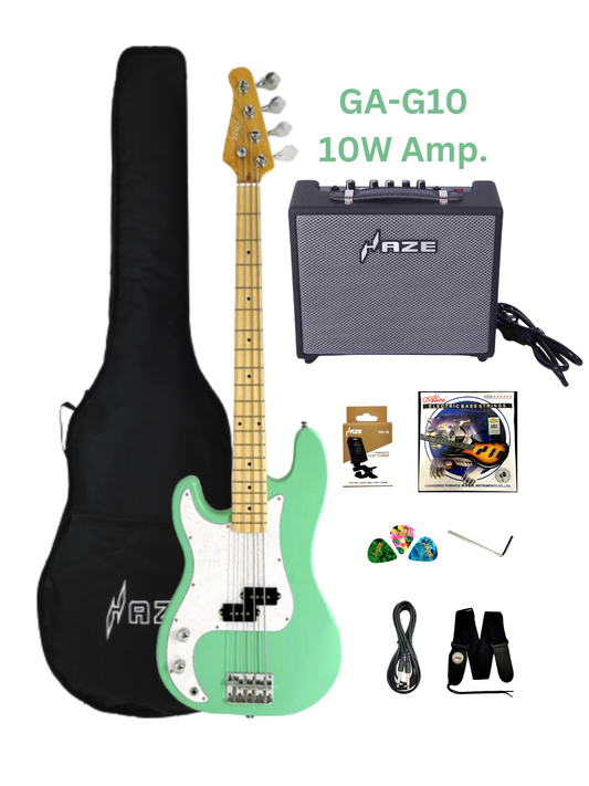 Haze Left Handed Basswood Seafoam Green Electric Bass Guitar - Surf Green PB172SGNLH with Accessories and 10W Amp. (Optional)