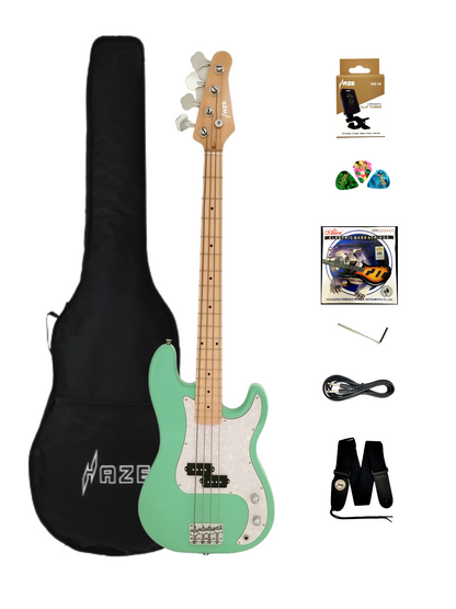 Haze Basswood Seafoam Green Electric Bass Guitar - Surf Green PB172GN  with Accessories and Haze CUBEBABY Portable Multifunctional Bass (Optional)