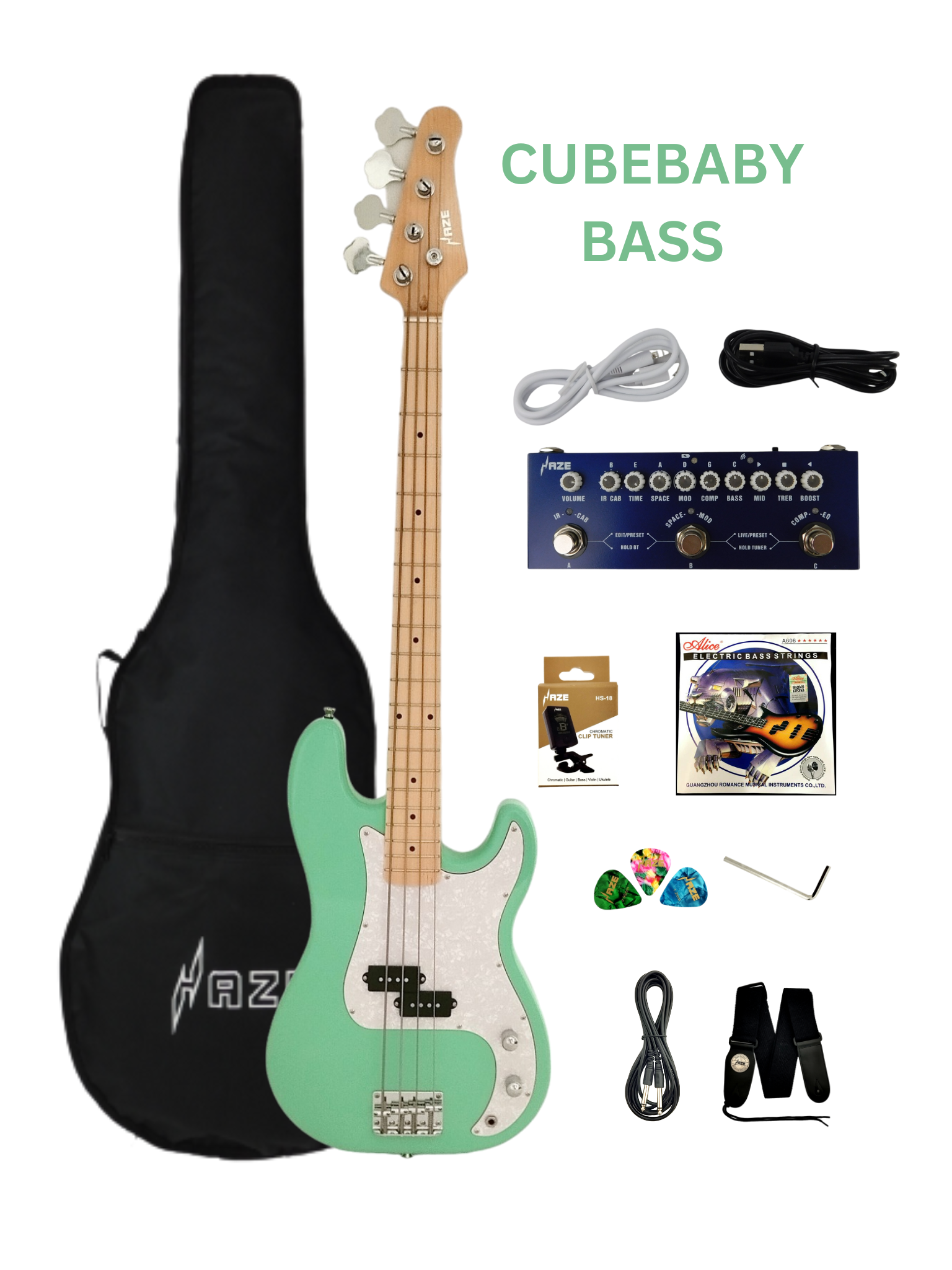 Haze Basswood Seafoam Green Electric Bass Guitar - Surf Green PB172GN  with Accessories and Haze CUBEBABY Portable Multifunctional Bass (Optional)