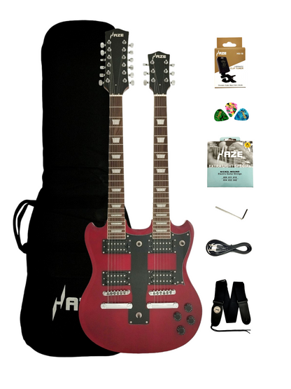 Haze Double Neck 12-String & 6-String HH Humbuckers HSG Electric Guitar - Red PBE19010DB