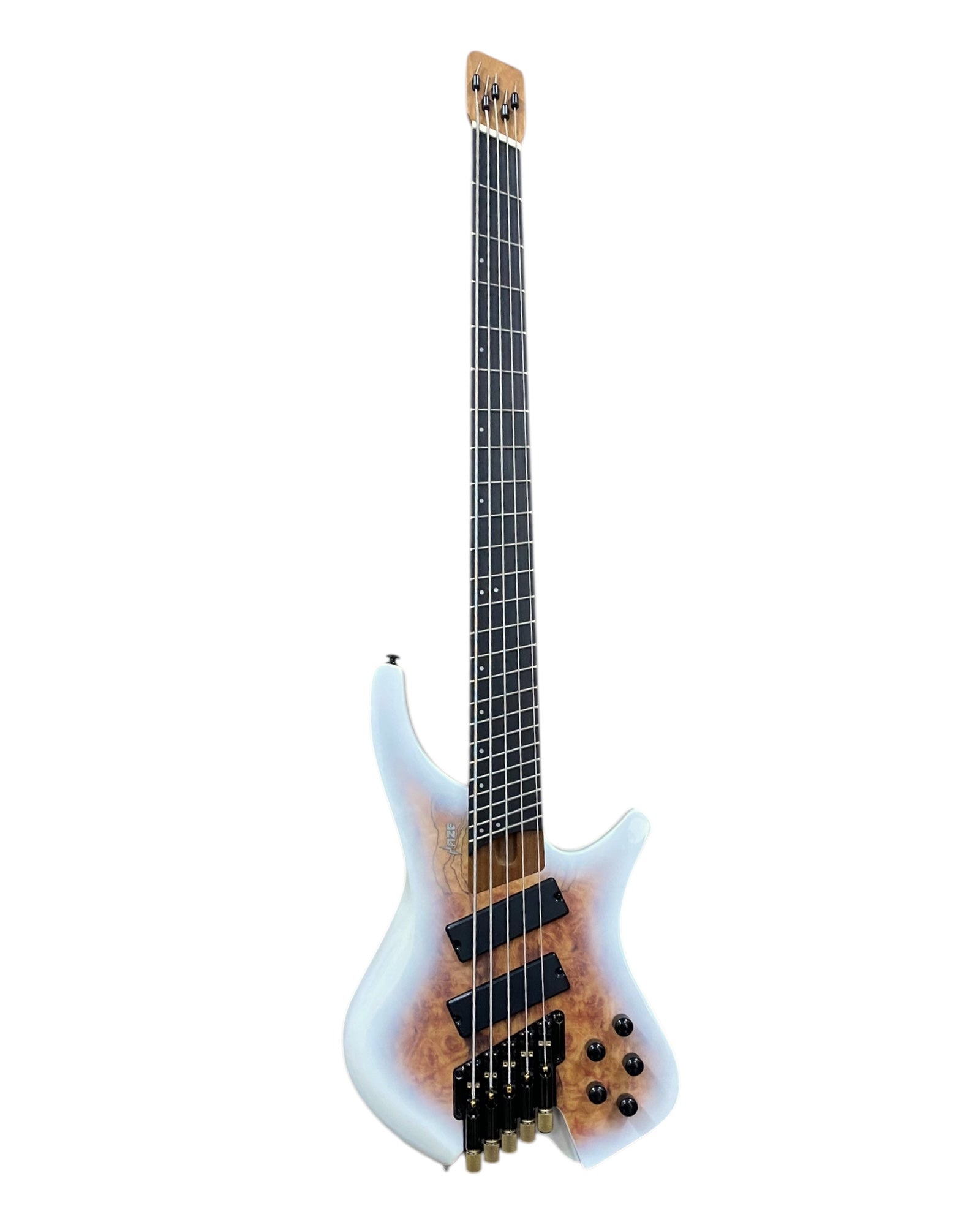Haze HB5FFMS Voyager Series Headless Fanned Fret 5-String Electric Bass – Roasted Maple Neck, White Sunburst Finish, & Active BJ-80 Pickups