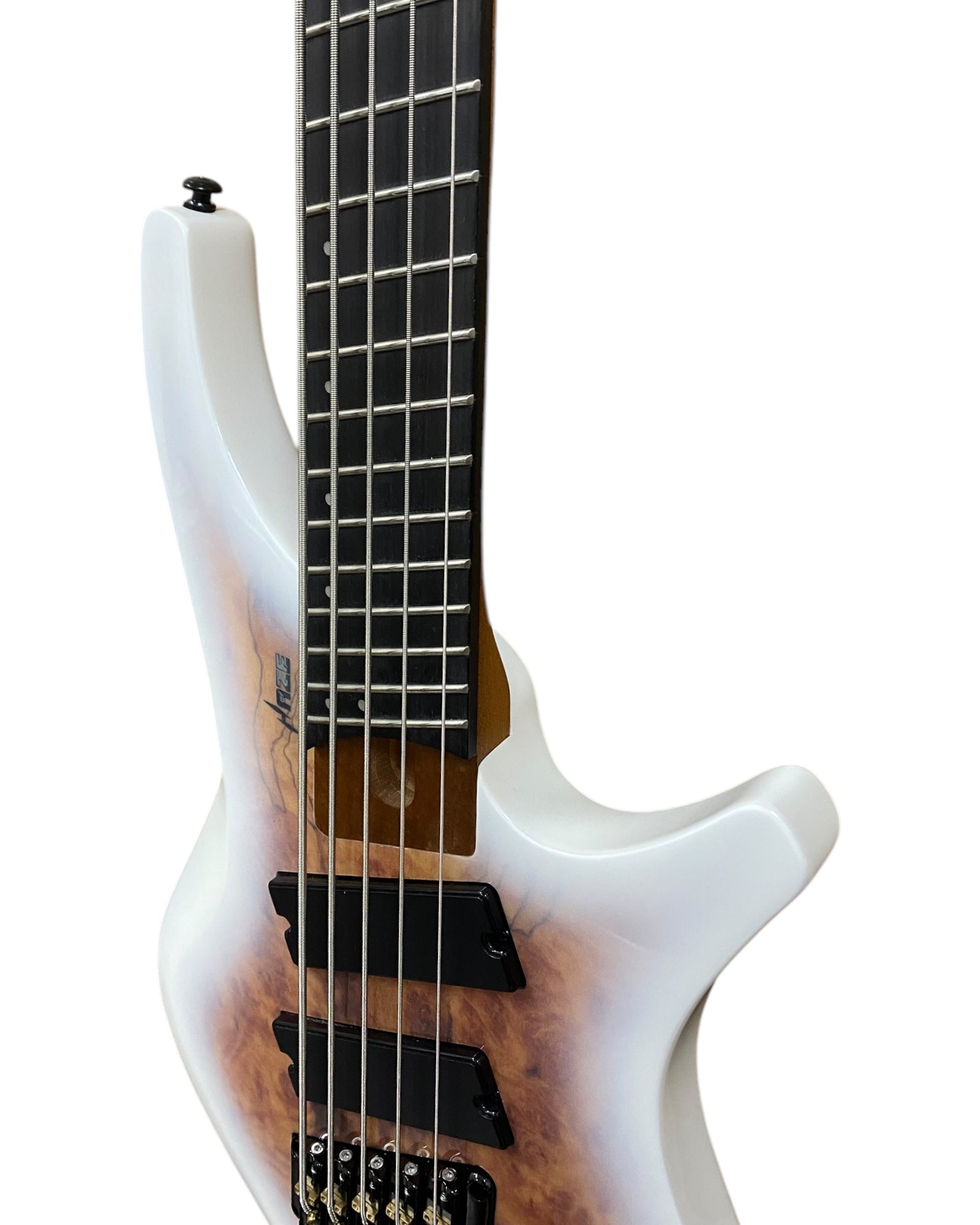 Haze HB5FFMS Voyager Series Headless Fanned Fret 5-String Electric Bass – Roasted Maple Neck, White Sunburst Finish, & Active BJ-80 Pickups