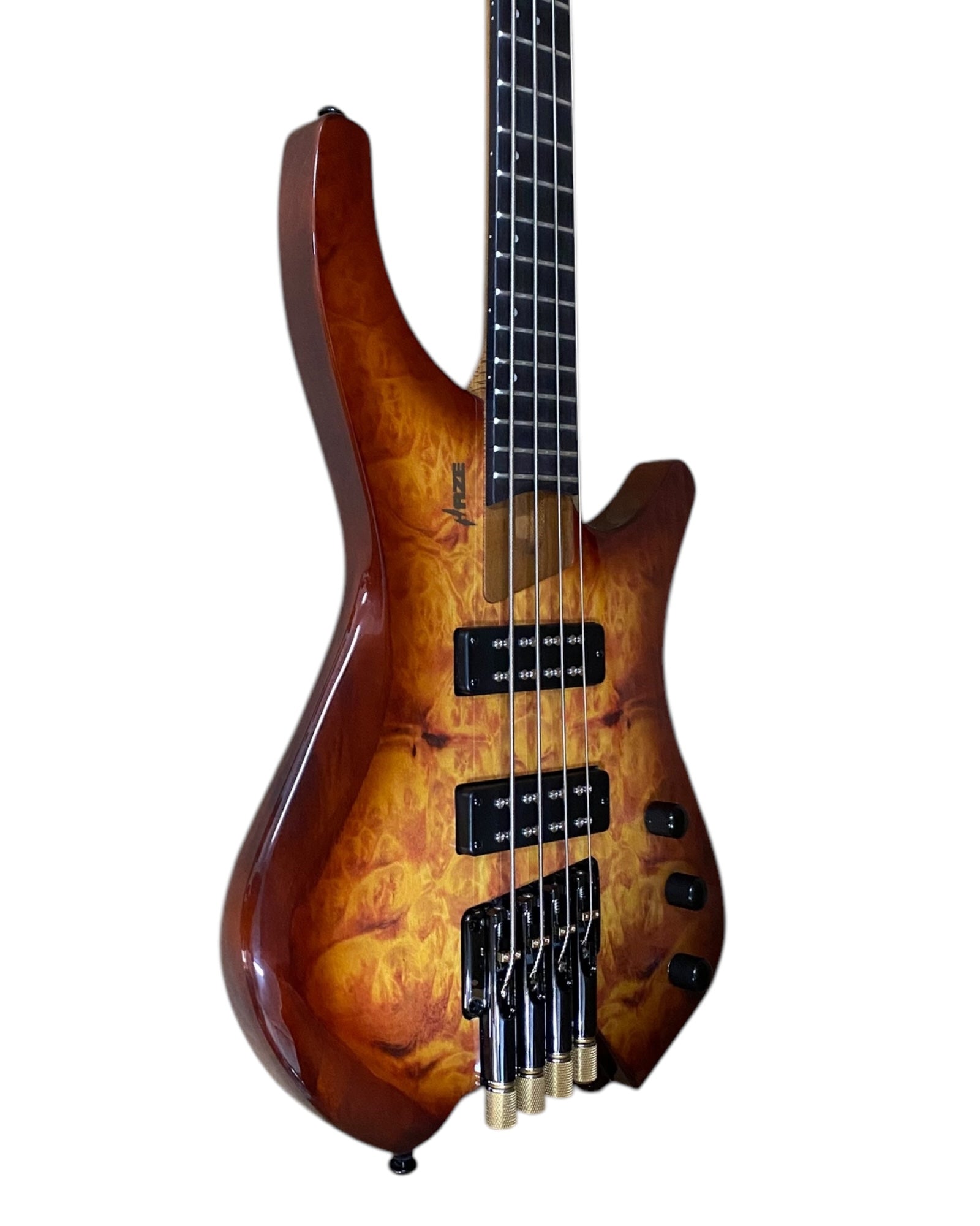 Haze B4H Timberline Series Headless Electric Bass – Roasted Maple Neck, Natural Brown Veneer, & Passive BJ-80 Pickups