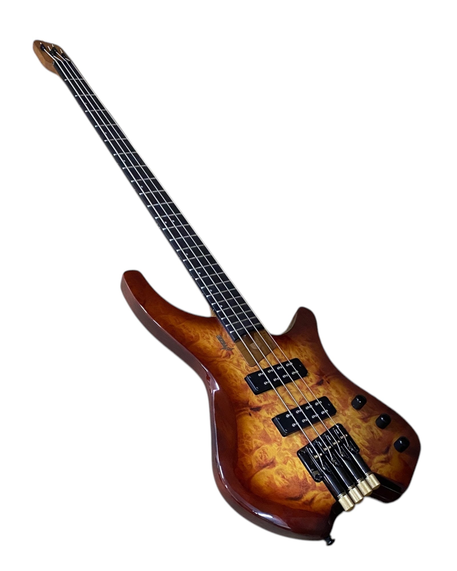 Haze B4H Timberline Series Headless Electric Bass – Roasted Maple Neck, Natural Brown Veneer, & Passive BJ-80 Pickups