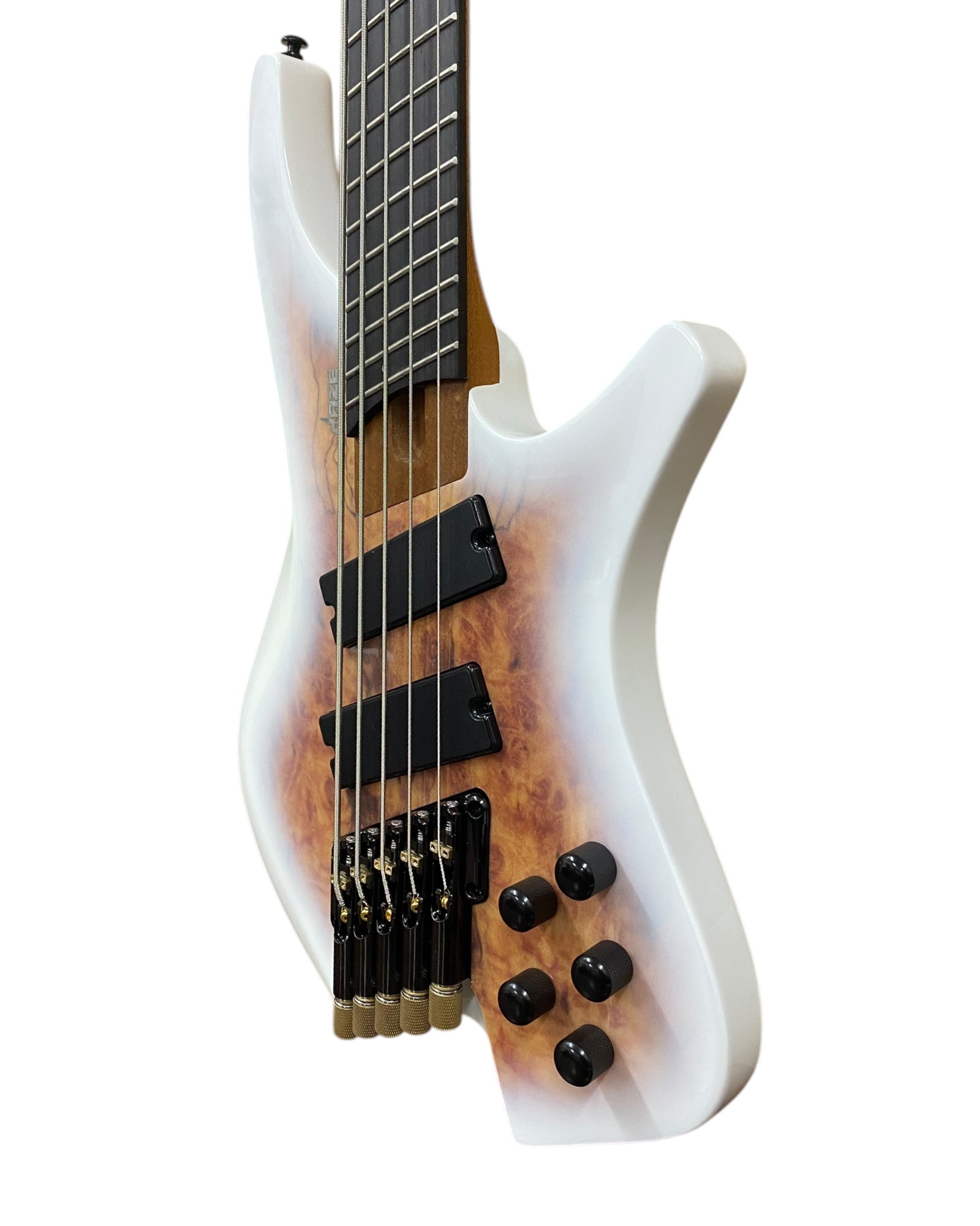 Haze HB5FFMS Voyager Series Headless Fanned Fret 5-String Electric Bass – Roasted Maple Neck, White Sunburst Finish, & Active BJ-80 Pickups