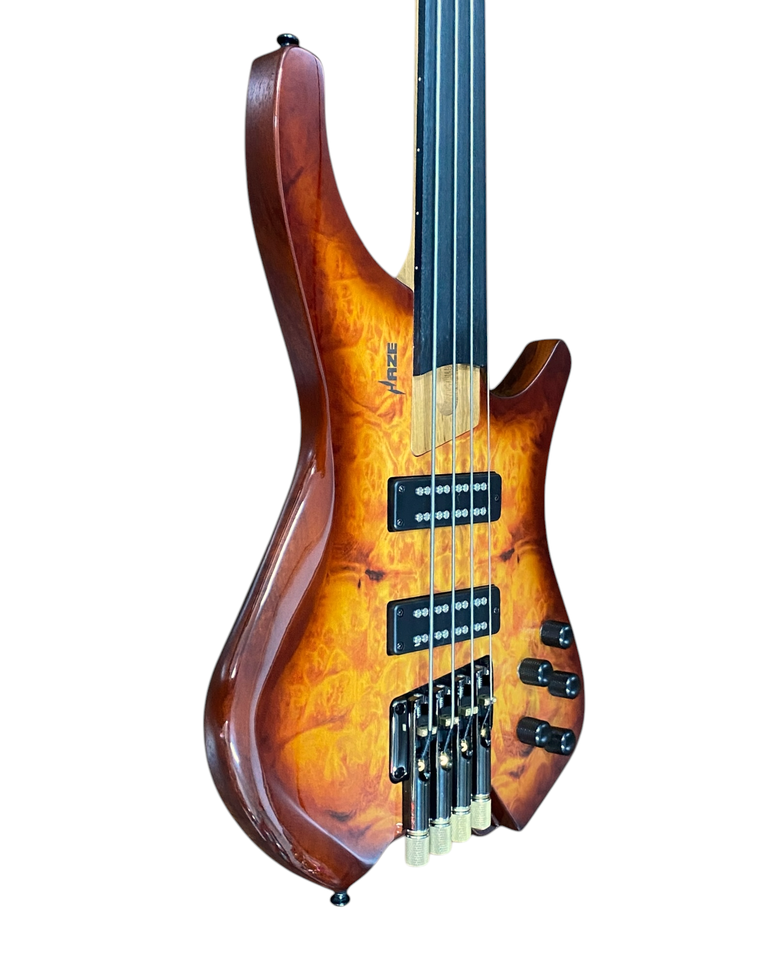 Haze HHLB4 Voyager Series Headless Fretless Electric Bass – Roasted Maple Neck, Brown Sunburst Finish, & Active BJ-80 Pickups