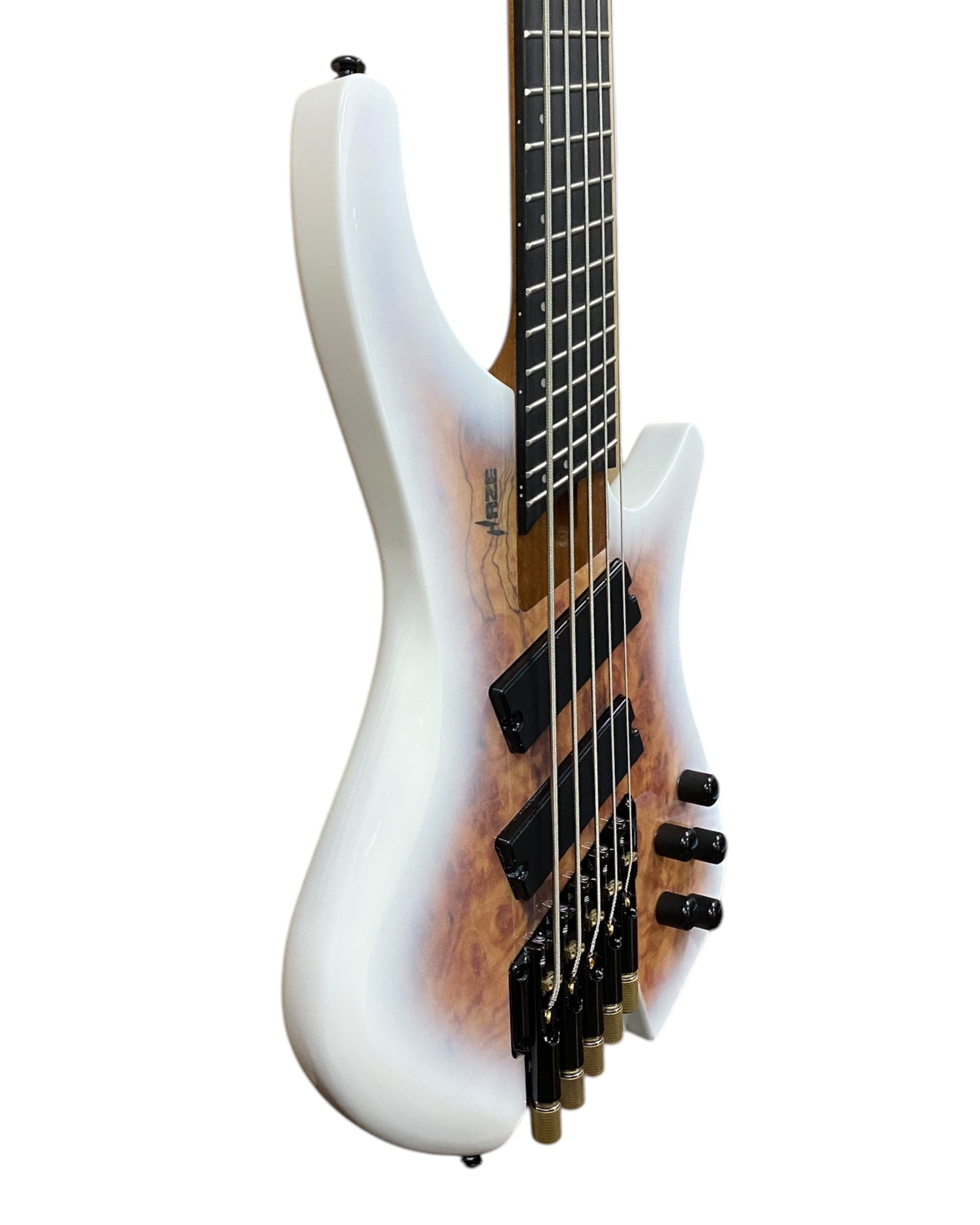 Haze HB5FFMS Voyager Series Headless Fanned Fret 5-String Electric Bass – Roasted Maple Neck, White Sunburst Finish, & Active BJ-80 Pickups