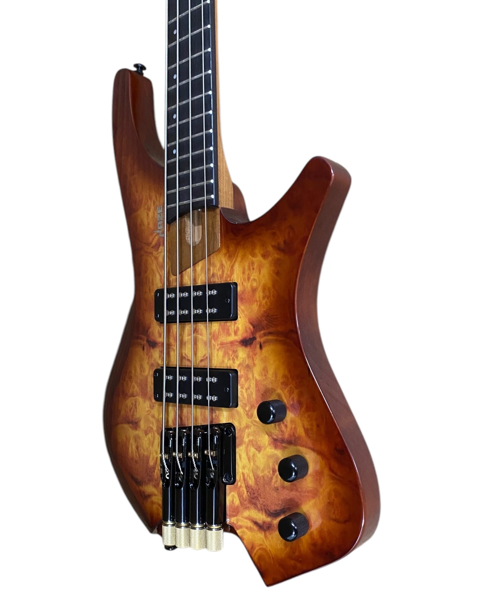 Haze B4H Timberline Series Headless Electric Bass – Roasted Maple Neck, Natural Brown Veneer, & Passive BJ-80 Pickups