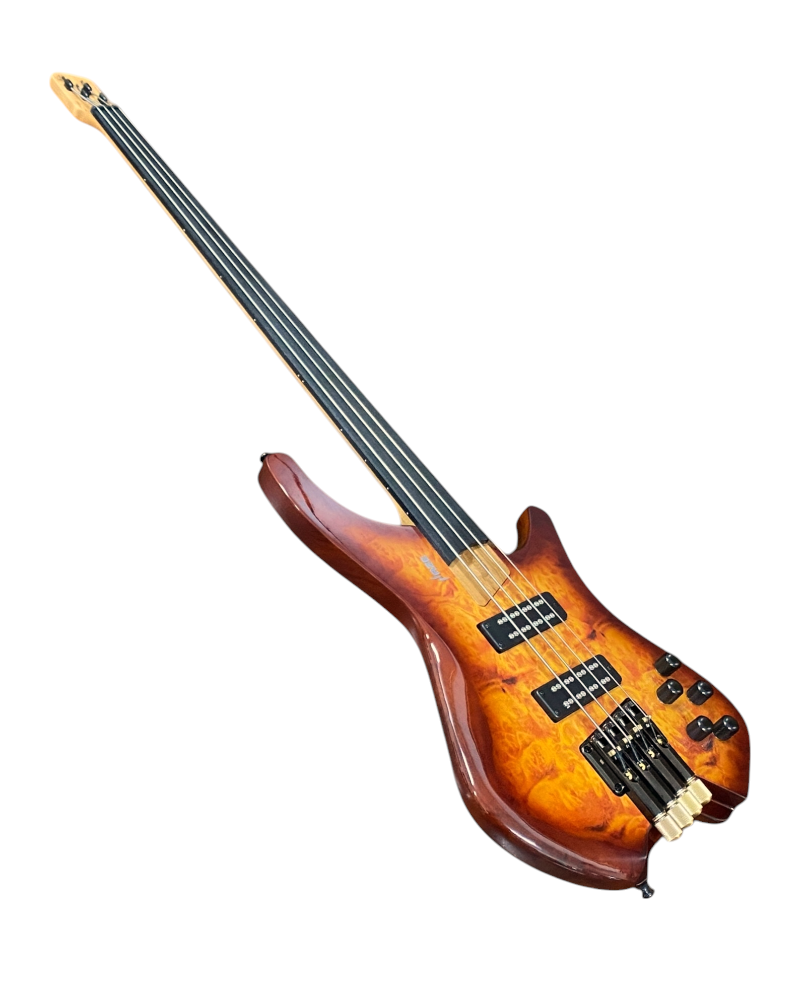 Haze HHLB4 Voyager Series Headless Fretless Electric Bass – Roasted Maple Neck, Brown Sunburst Finish, & Active BJ-80 Pickups