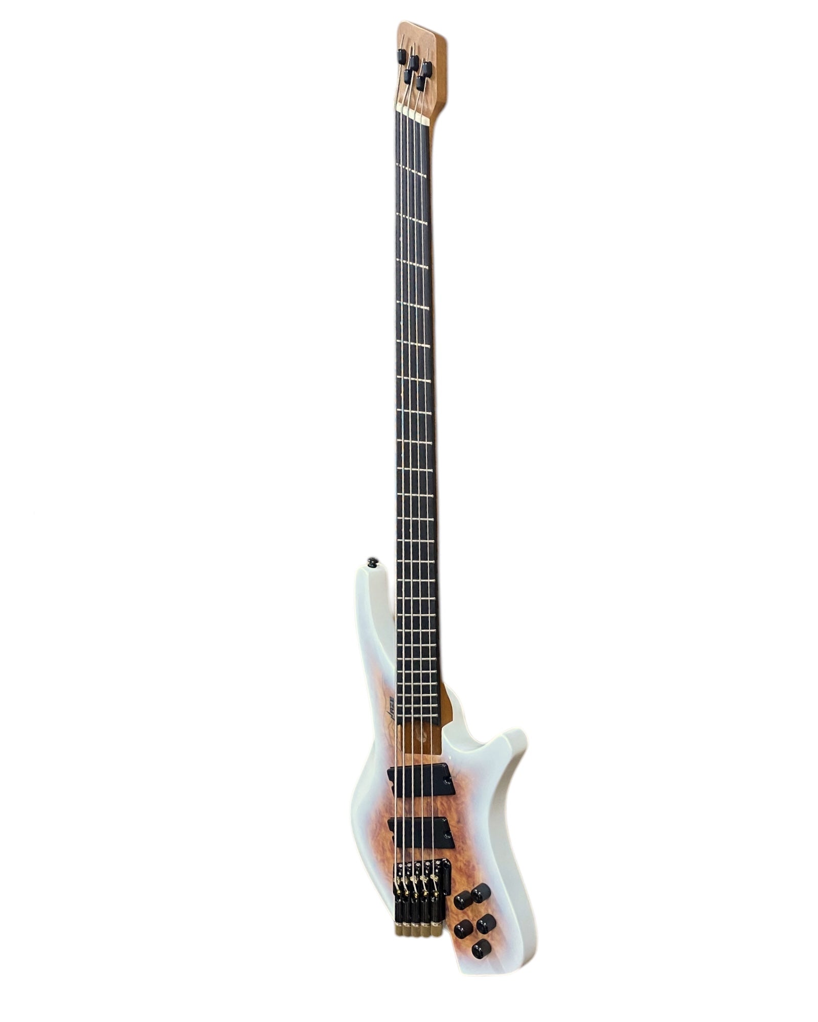 Haze HB5FFMS Voyager Series Headless Fanned Fret 5-String Electric Bass – Roasted Maple Neck, White Sunburst Finish, & Active BJ-80 Pickups