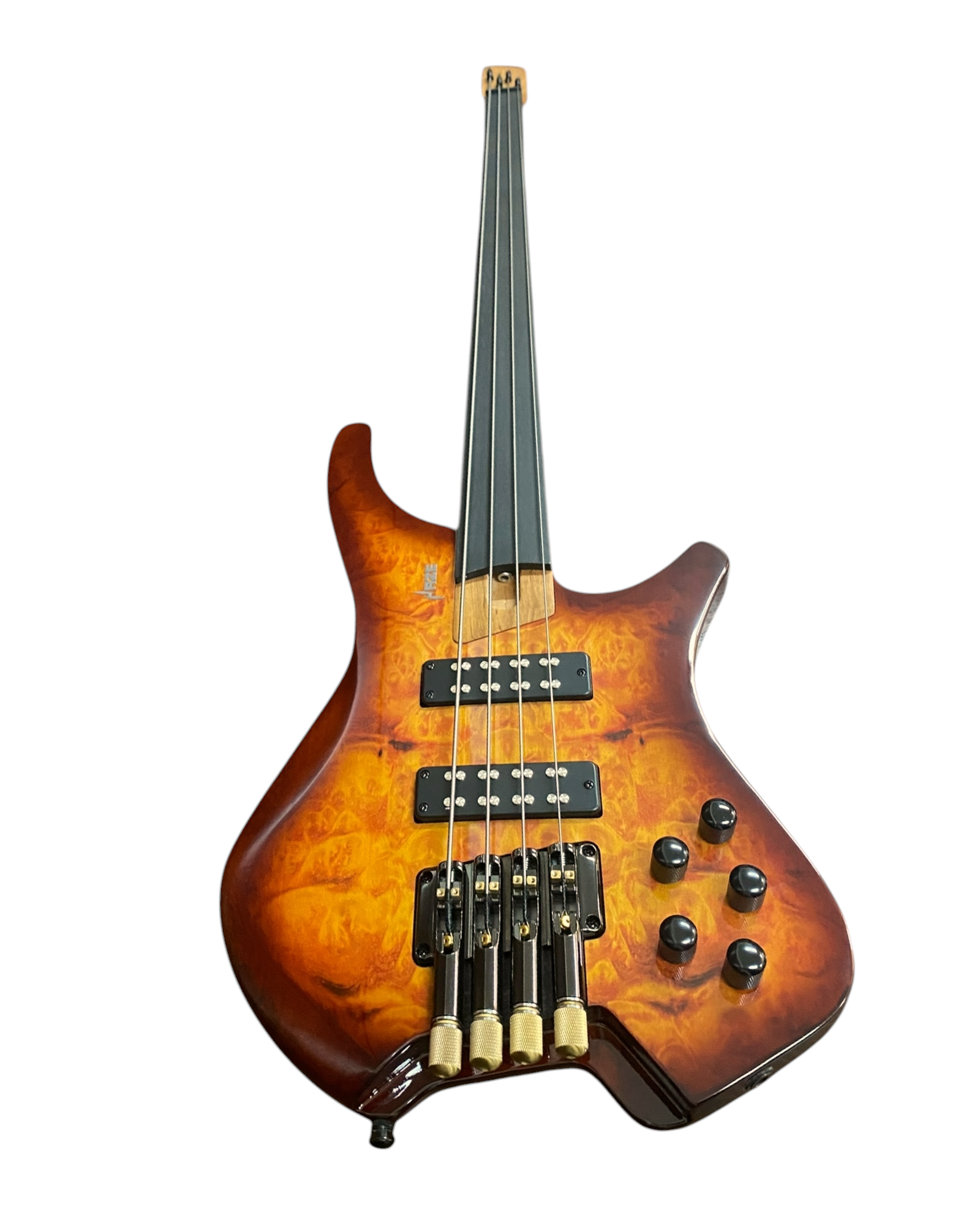 Haze HHLB4 Voyager Series Headless Fretless Electric Bass – Roasted Maple Neck, Brown Sunburst Finish, & Active BJ-80 Pickups