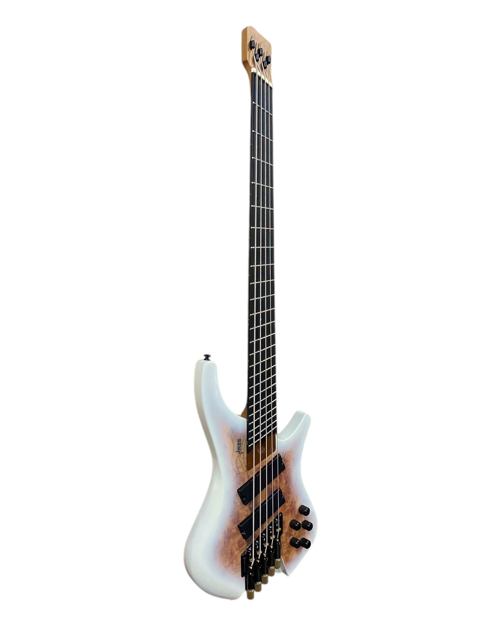 Haze HB5FFMS Voyager Series Headless Fanned Fret 5-String Electric Bass – Roasted Maple Neck, White Sunburst Finish, & Active BJ-80 Pickups