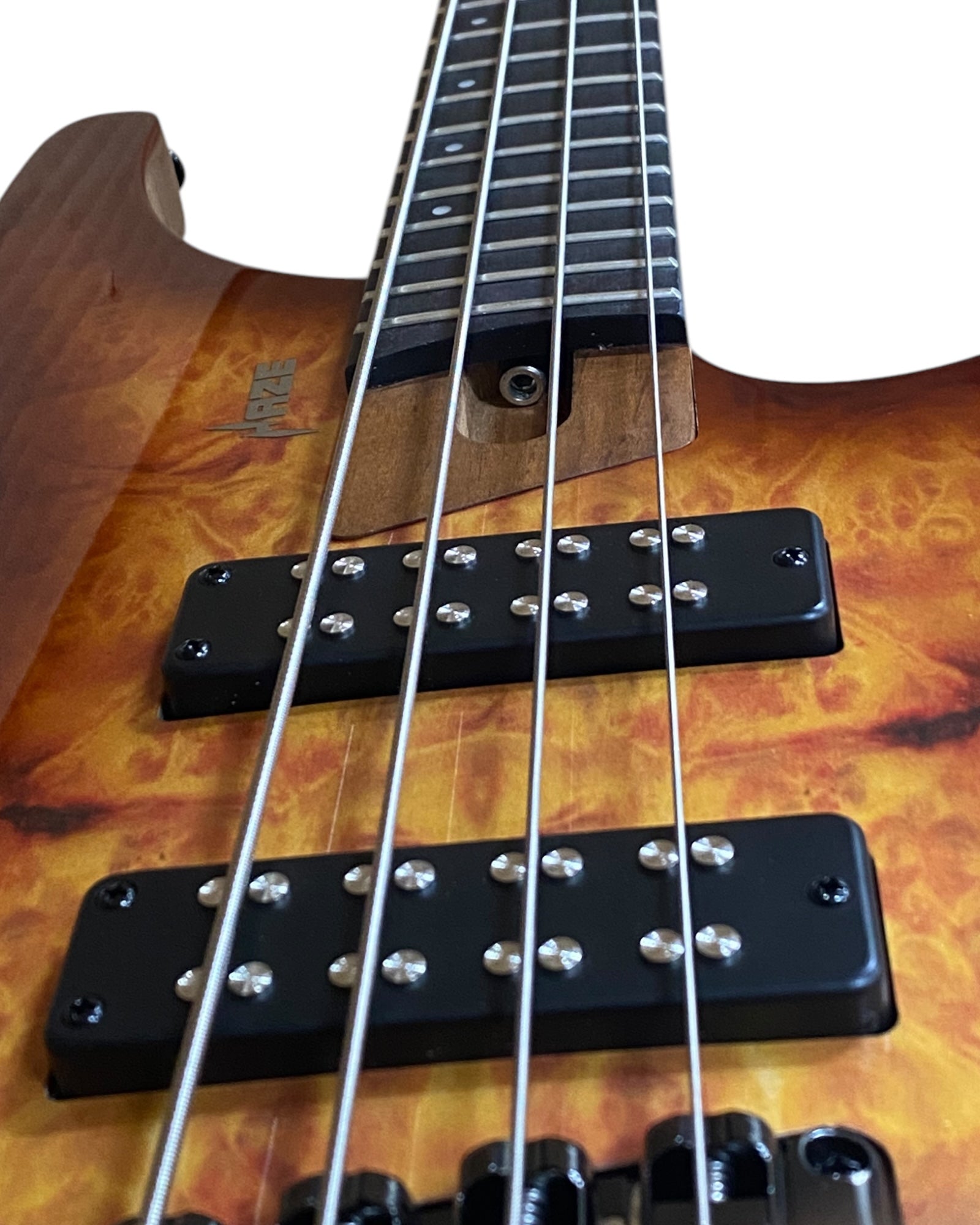 Haze B4H Timberline Series Headless Electric Bass – Roasted Maple Neck, Natural Brown Veneer, & Passive BJ-80 Pickups