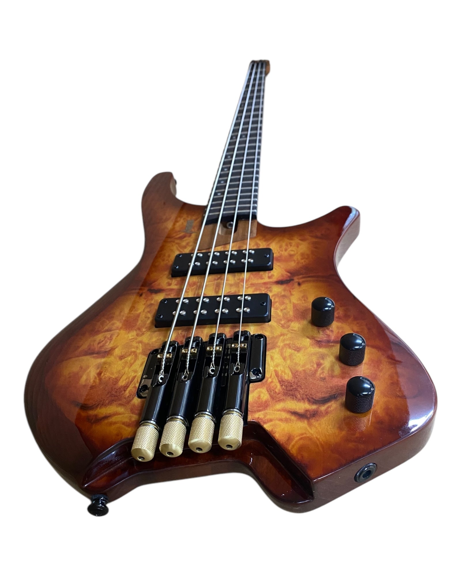 Haze B4H Timberline Series Headless Electric Bass – Roasted Maple Neck, Natural Brown Veneer, & Passive BJ-80 Pickups