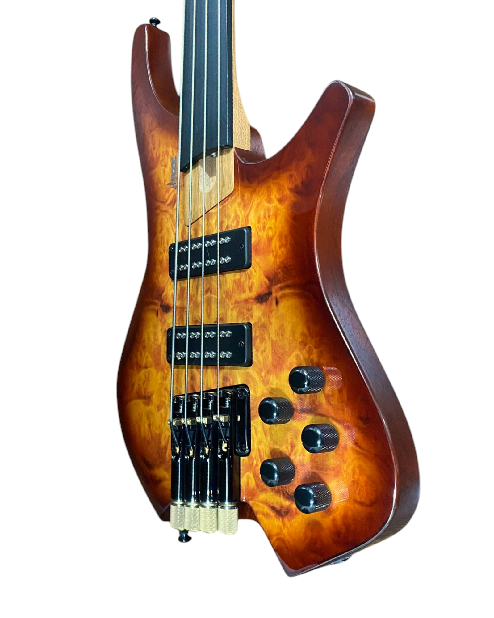 Haze HHLB4 Voyager Series Headless Fretless Electric Bass – Roasted Maple Neck, Brown Sunburst Finish, & Active BJ-80 Pickups