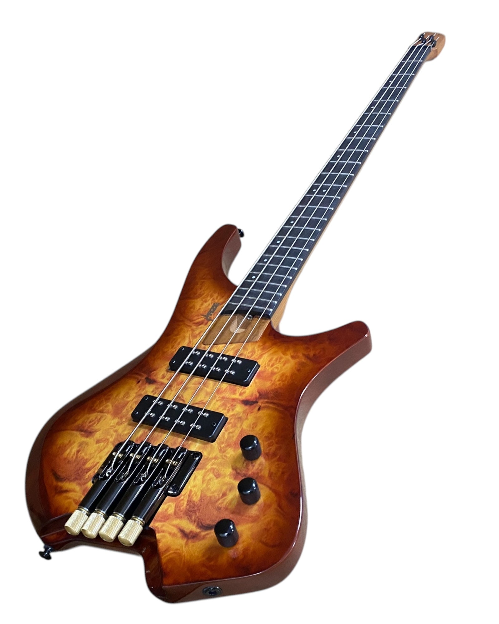 Haze B4H Timberline Series Headless Electric Bass – Roasted Maple Neck, Natural Brown Veneer, & Passive BJ-80 Pickups