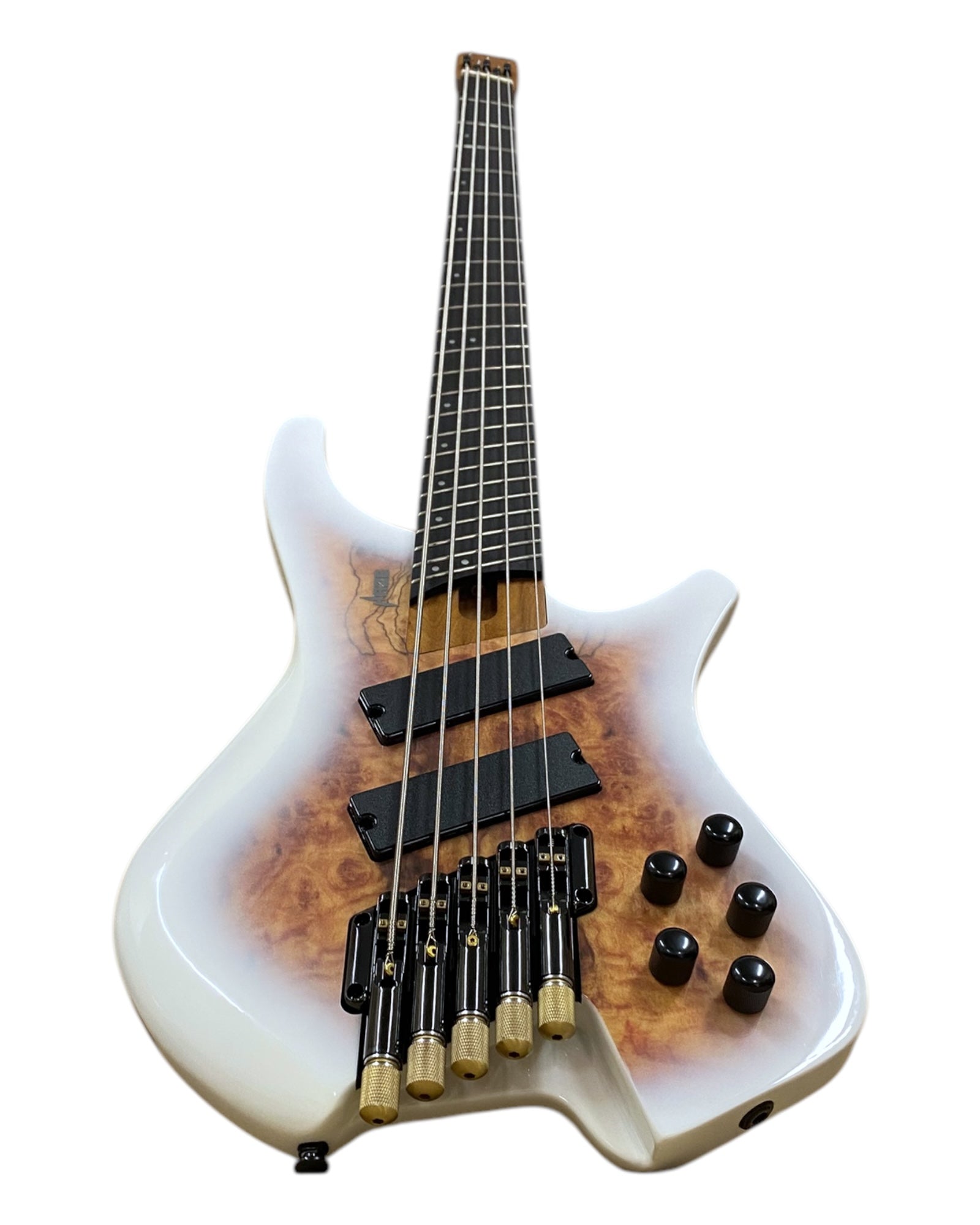 Haze HB5FFMS Voyager Series Headless Fanned Fret 5-String Electric Bass – Roasted Maple Neck, White Sunburst Finish, & Active BJ-80 Pickups