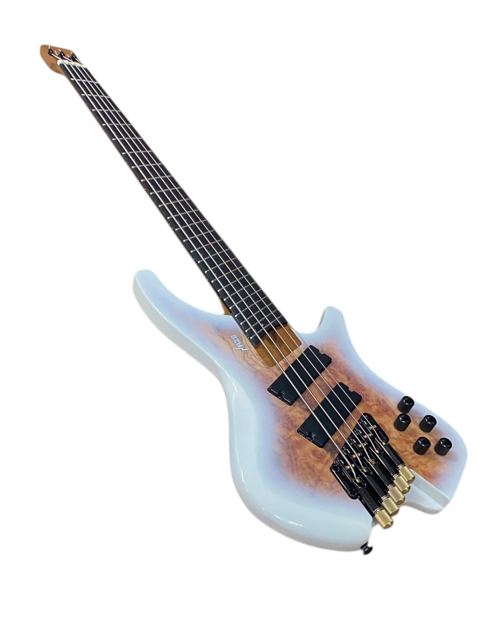 Haze HB5FFMS Voyager Series Headless Fanned Fret 5-String Electric Bass – Roasted Maple Neck, White Sunburst Finish, & Active BJ-80 Pickups