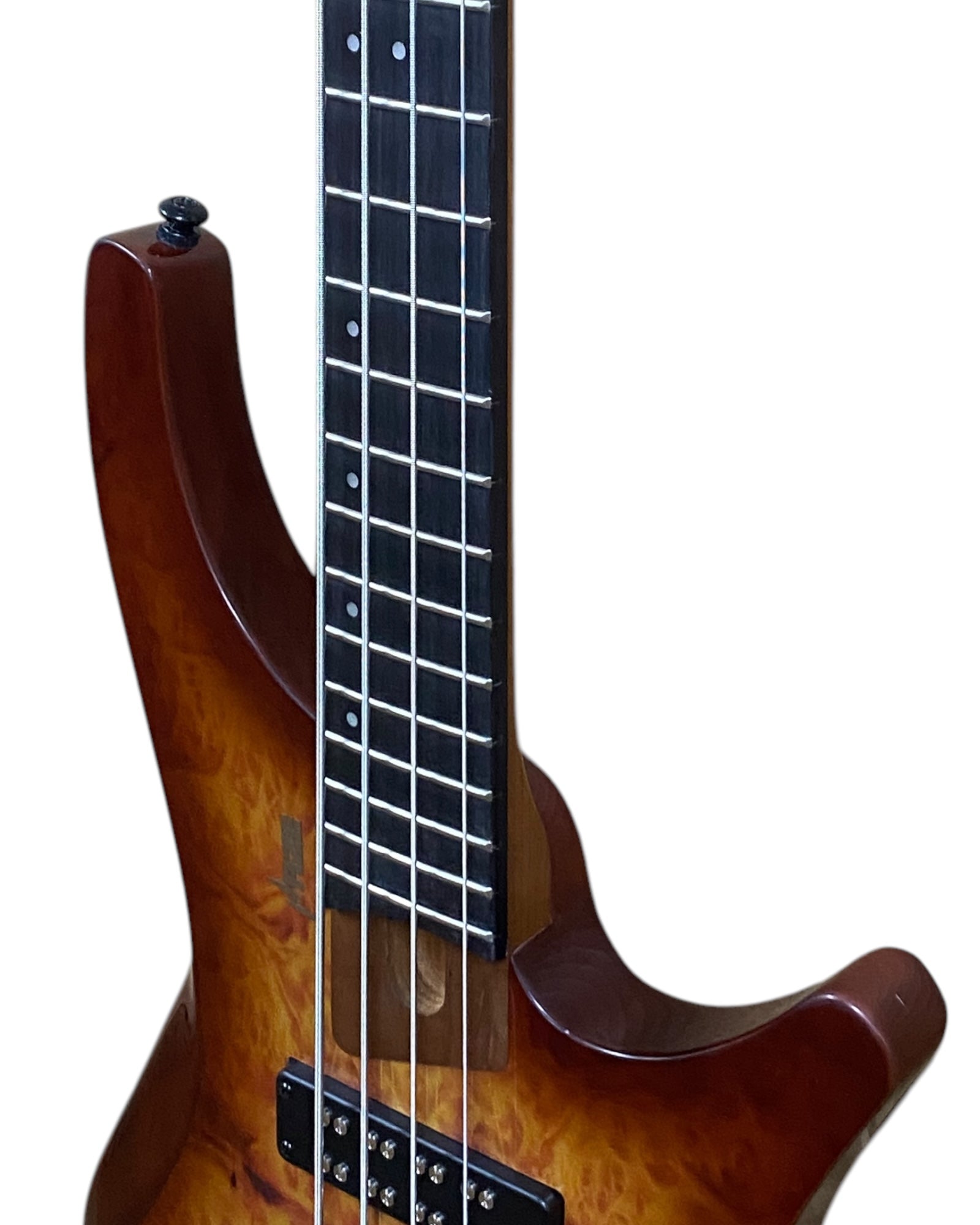 Haze B4H Timberline Series Headless Electric Bass – Roasted Maple Neck, Natural Brown Veneer, & Passive BJ-80 Pickups