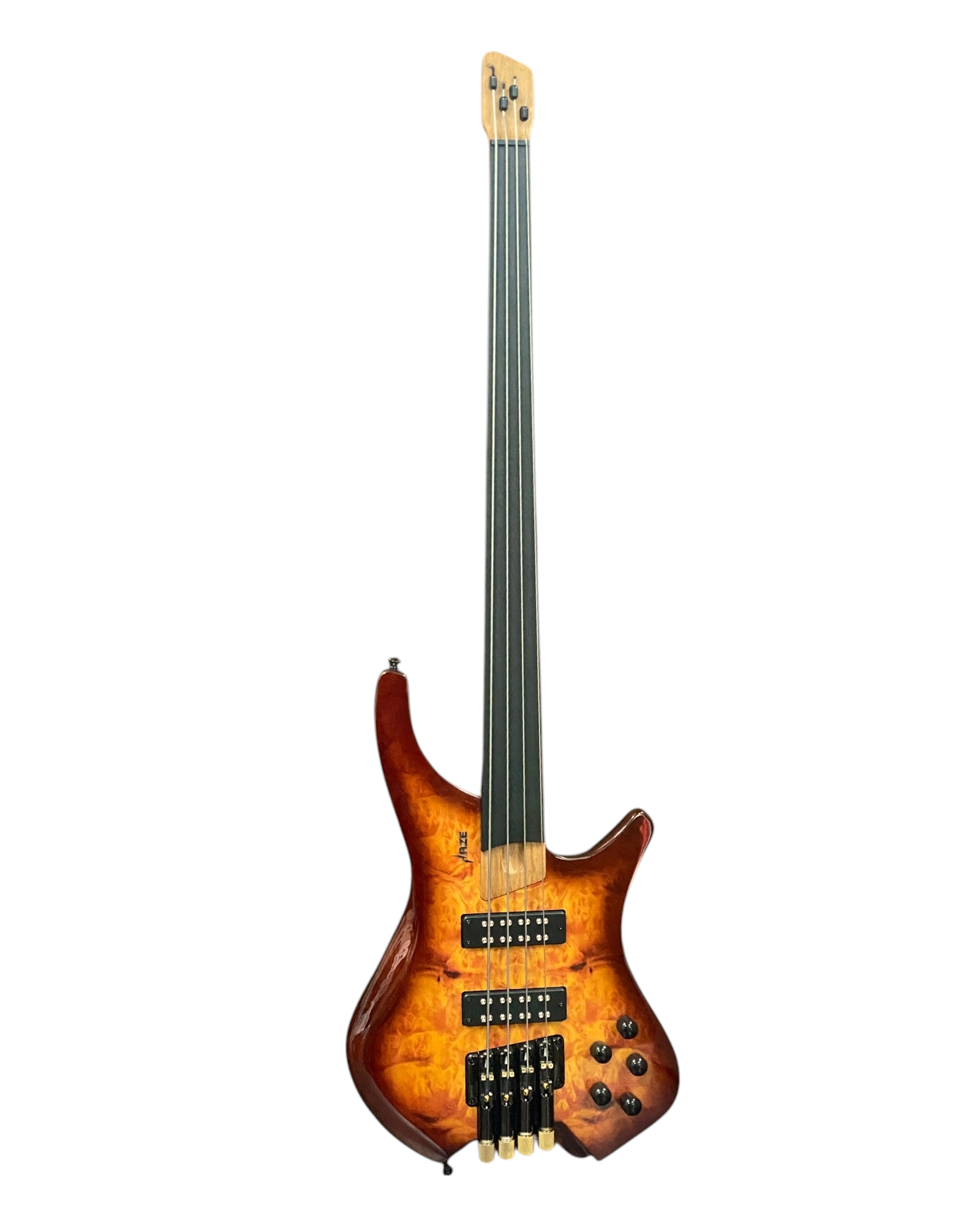 Haze HHLB4 Voyager Series Headless Fretless Electric Bass – Roasted Maple Neck, Brown Sunburst Finish, & Active BJ-80 Pickups