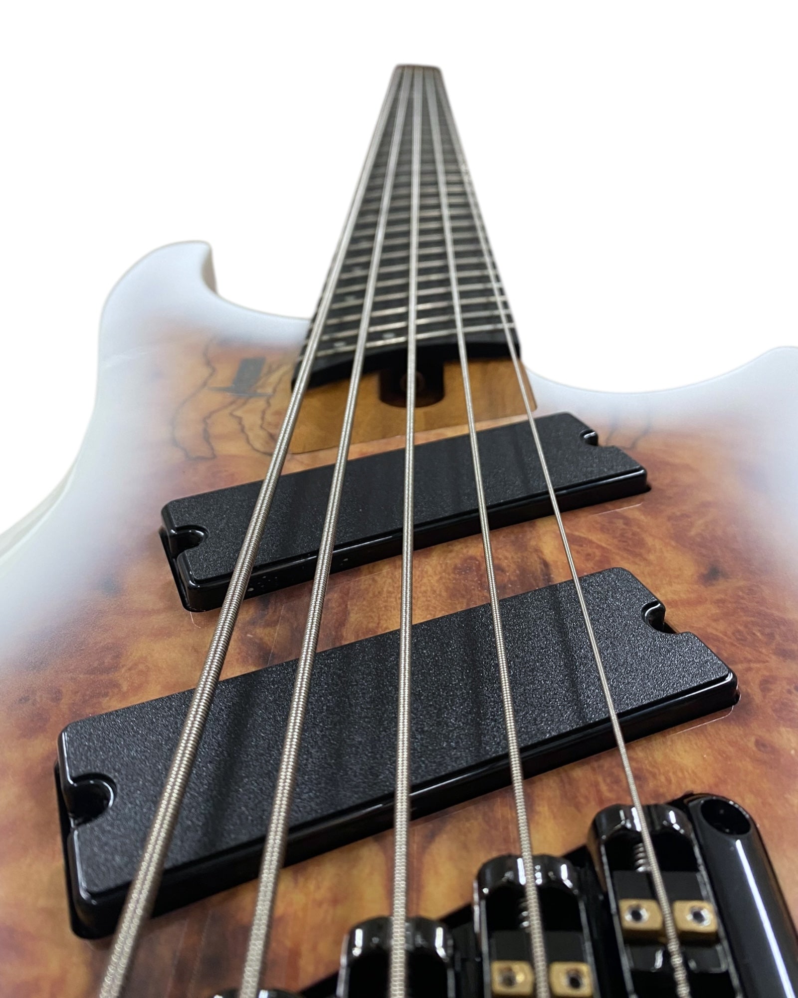 Haze HB5FFMS Voyager Series Headless Fanned Fret 5-String Electric Bass – Roasted Maple Neck, White Sunburst Finish, & Active BJ-80 Pickups