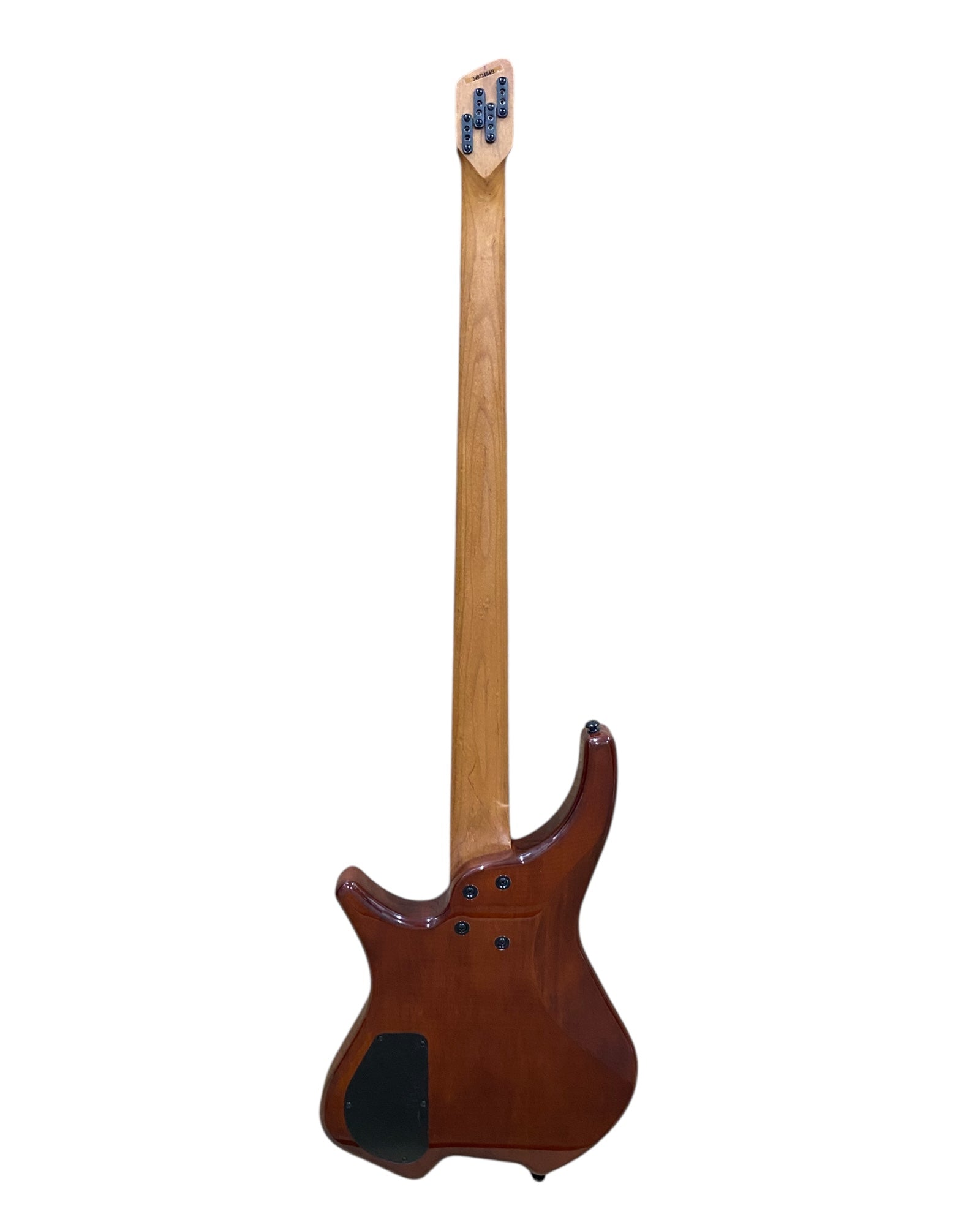 Haze B4H Timberline Series Headless Electric Bass – Roasted Maple Neck, Natural Brown Veneer, & Passive BJ-80 Pickups