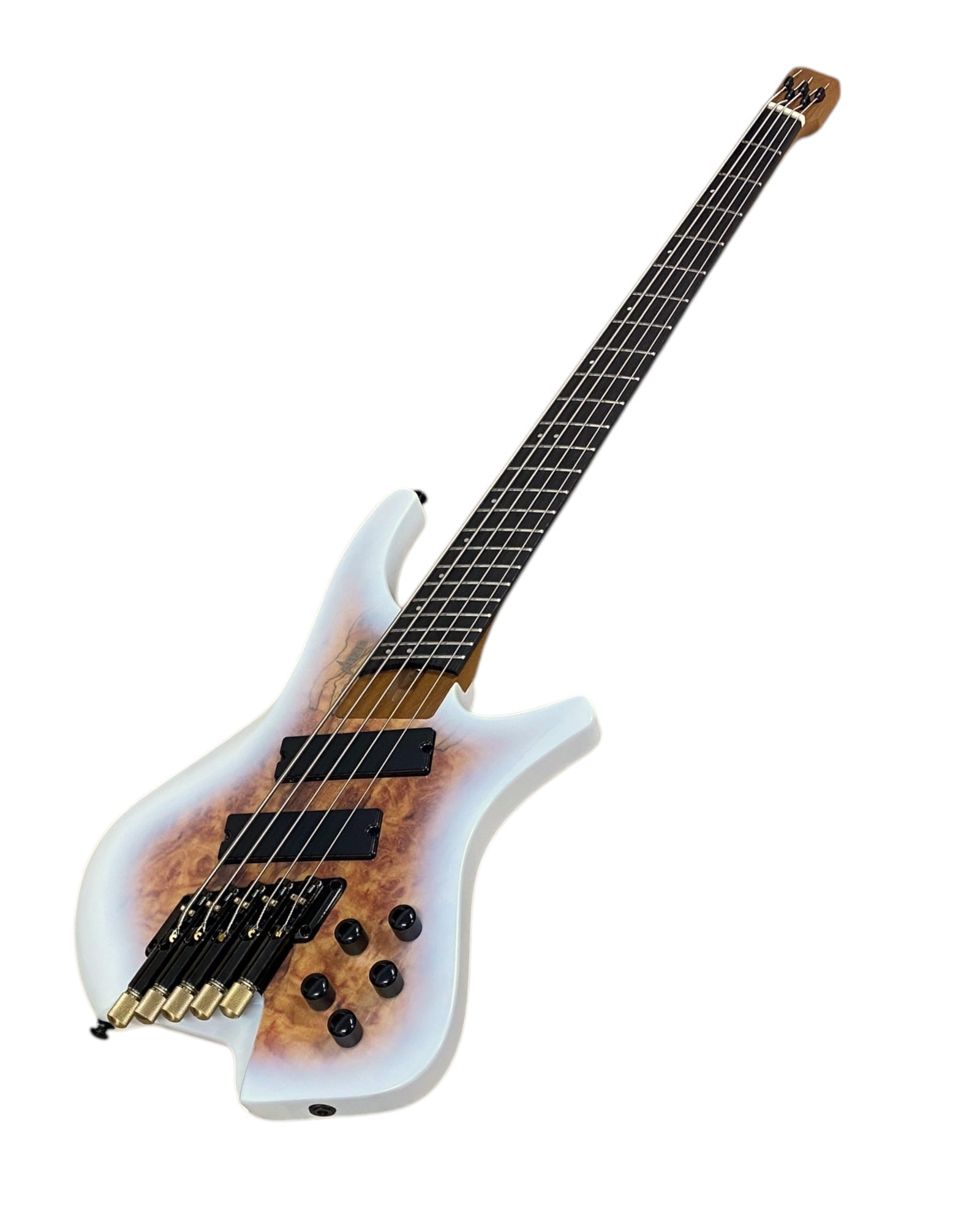 Haze HB5FFMS Voyager Series Headless Fanned Fret 5-String Electric Bass – Roasted Maple Neck, White Sunburst Finish, & Active BJ-80 Pickups