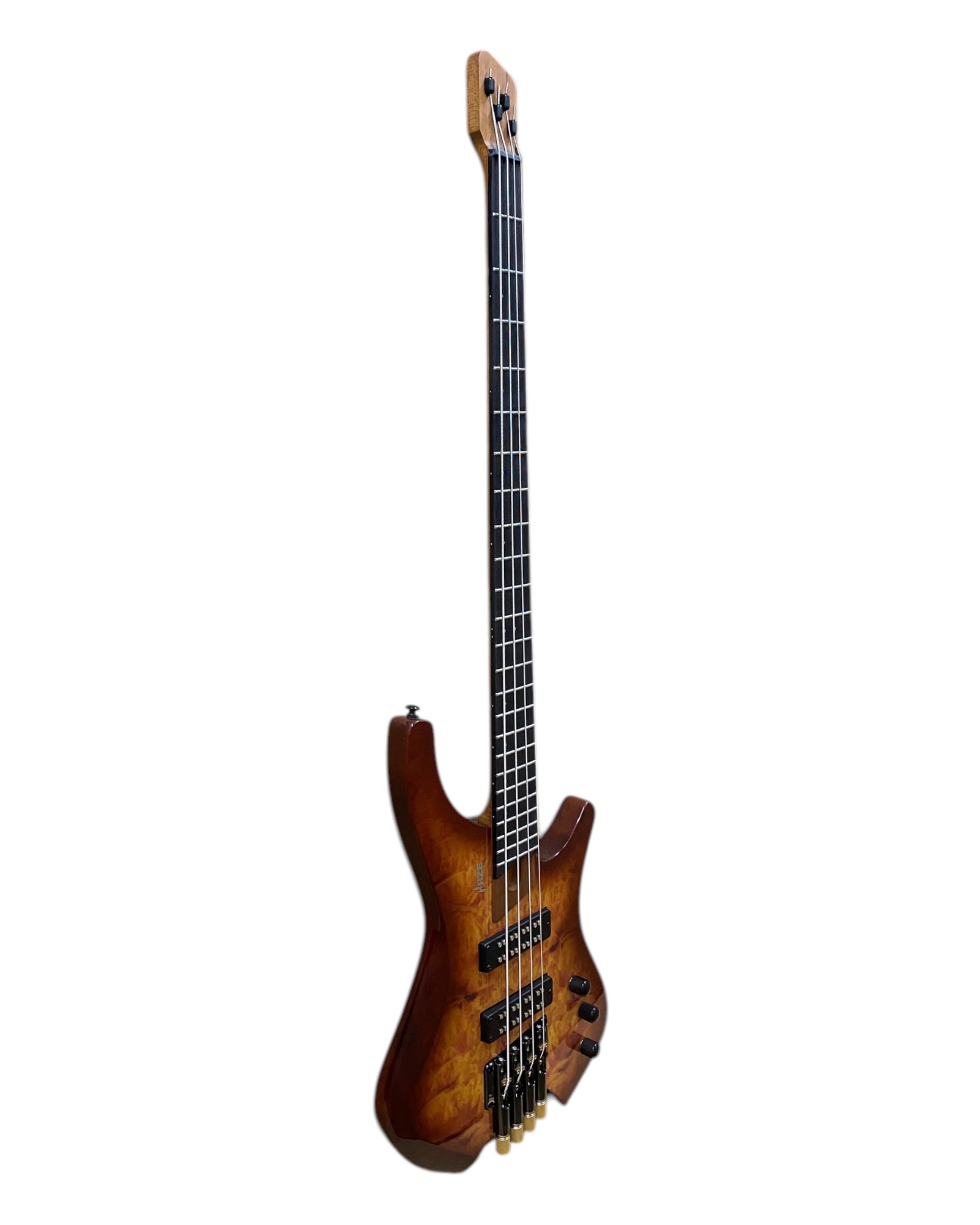 Haze B4H Timberline Series Headless Electric Bass – Roasted Maple Neck, Natural Brown Veneer, & Passive BJ-80 Pickups