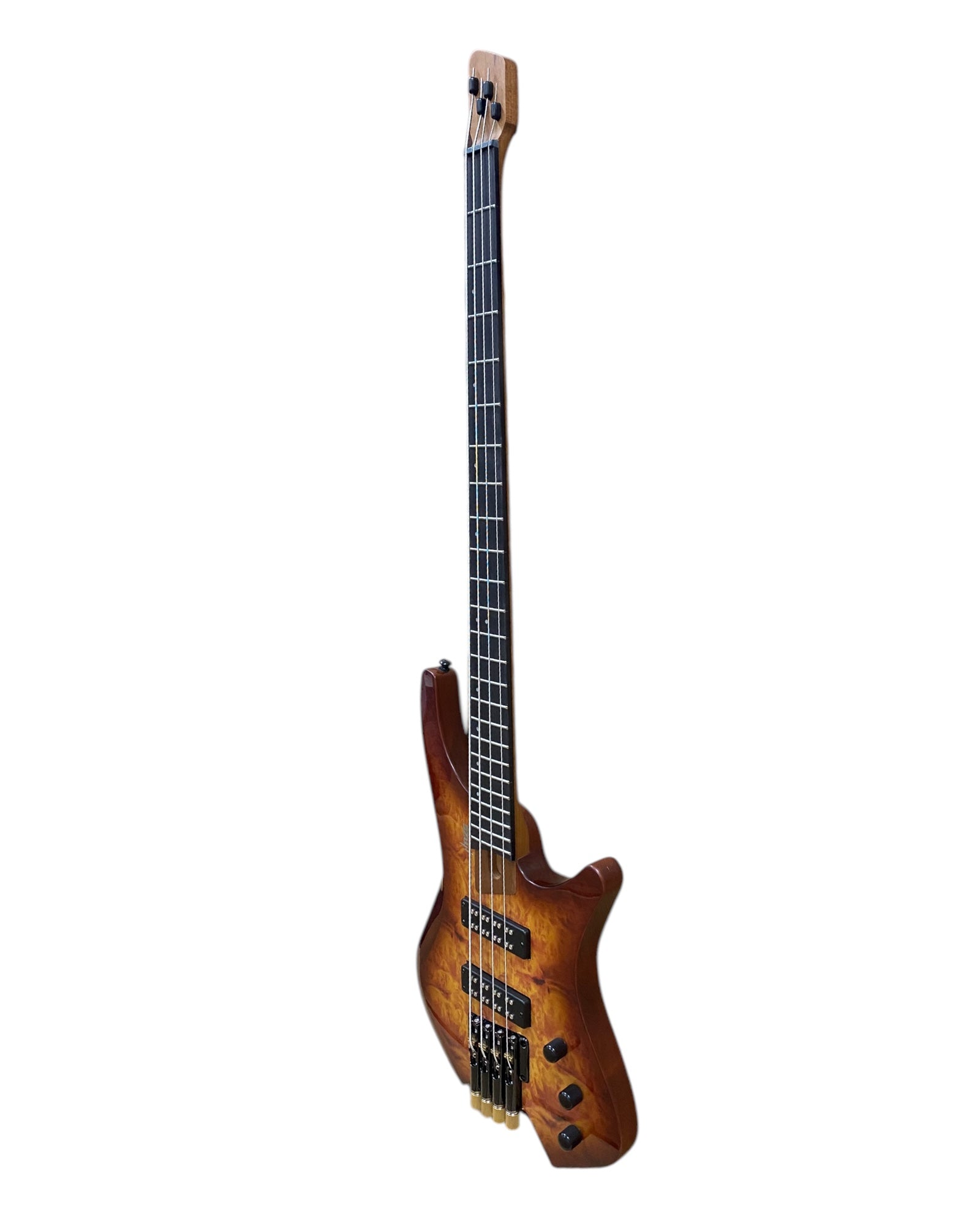 Haze B4H Timberline Series Headless Electric Bass – Roasted Maple Neck, Natural Brown Veneer, & Passive BJ-80 Pickups