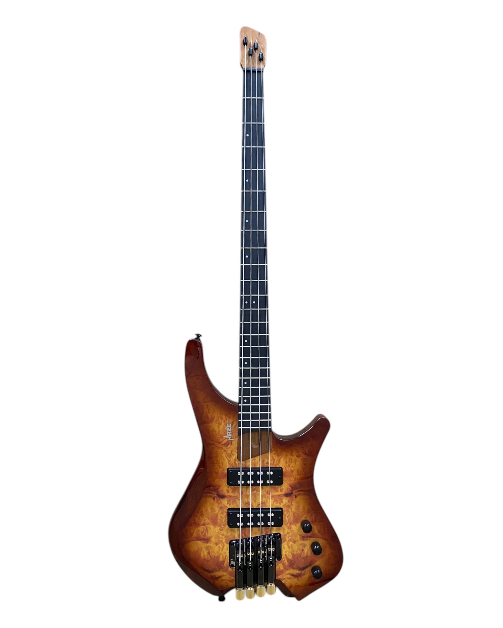 Haze B4H Timberline Series Headless Electric Bass – Roasted Maple Neck, Natural Brown Veneer, & Passive BJ-80 Pickups