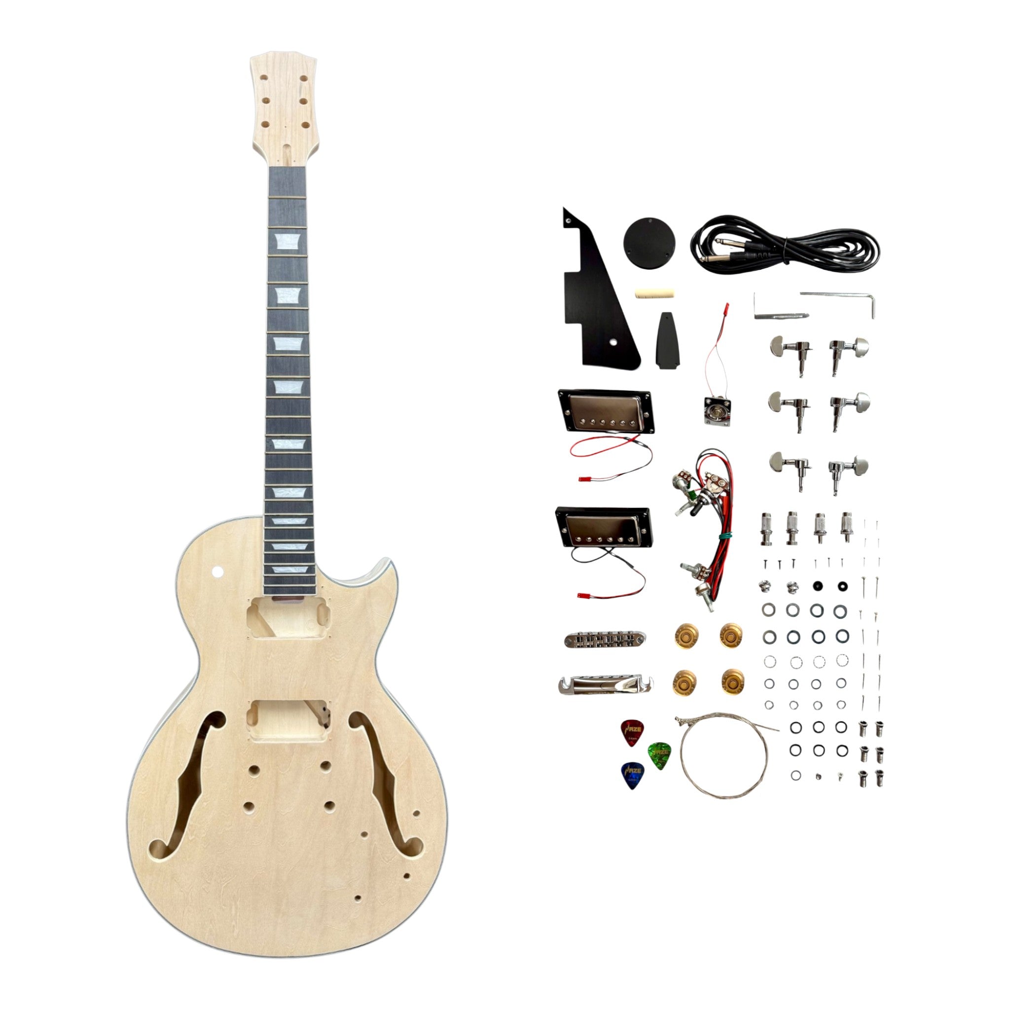 E239DIY Semi-Hollow Raw-Sanded Basswood Body Maple Set-Neck HLP H-H Electric Guitar DIY Kit - Complete No-Soldering w/ 3-Ply Ebony Trims & Chrome Hardware