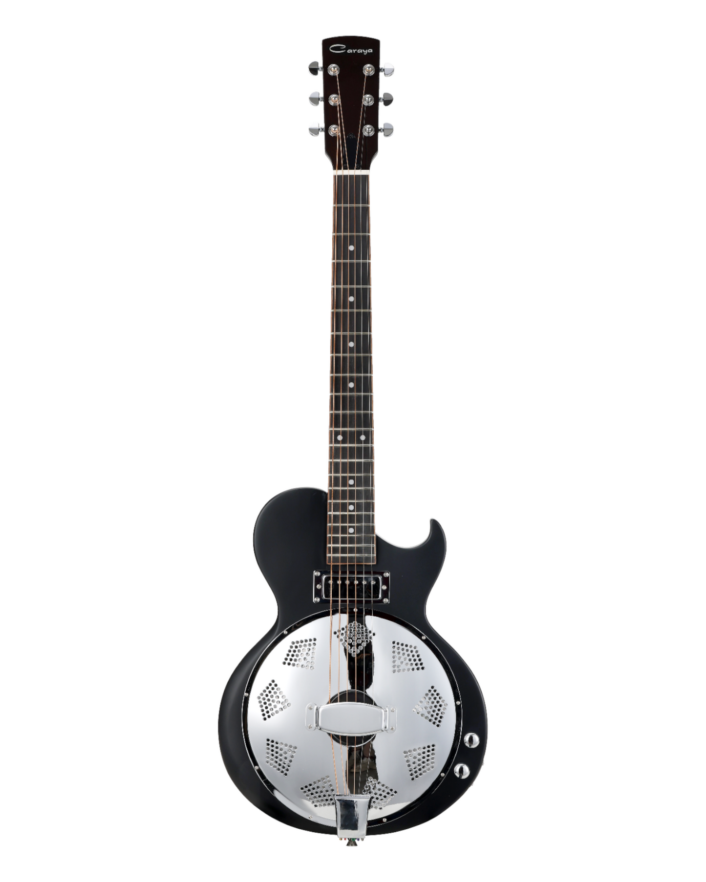 Caraya “Bold, Lightweight, Cool” Okoume Electric Resonator Hybrid Guitar w/ Built-in Humbucker Pickups in Black Matte Finish - SDG80