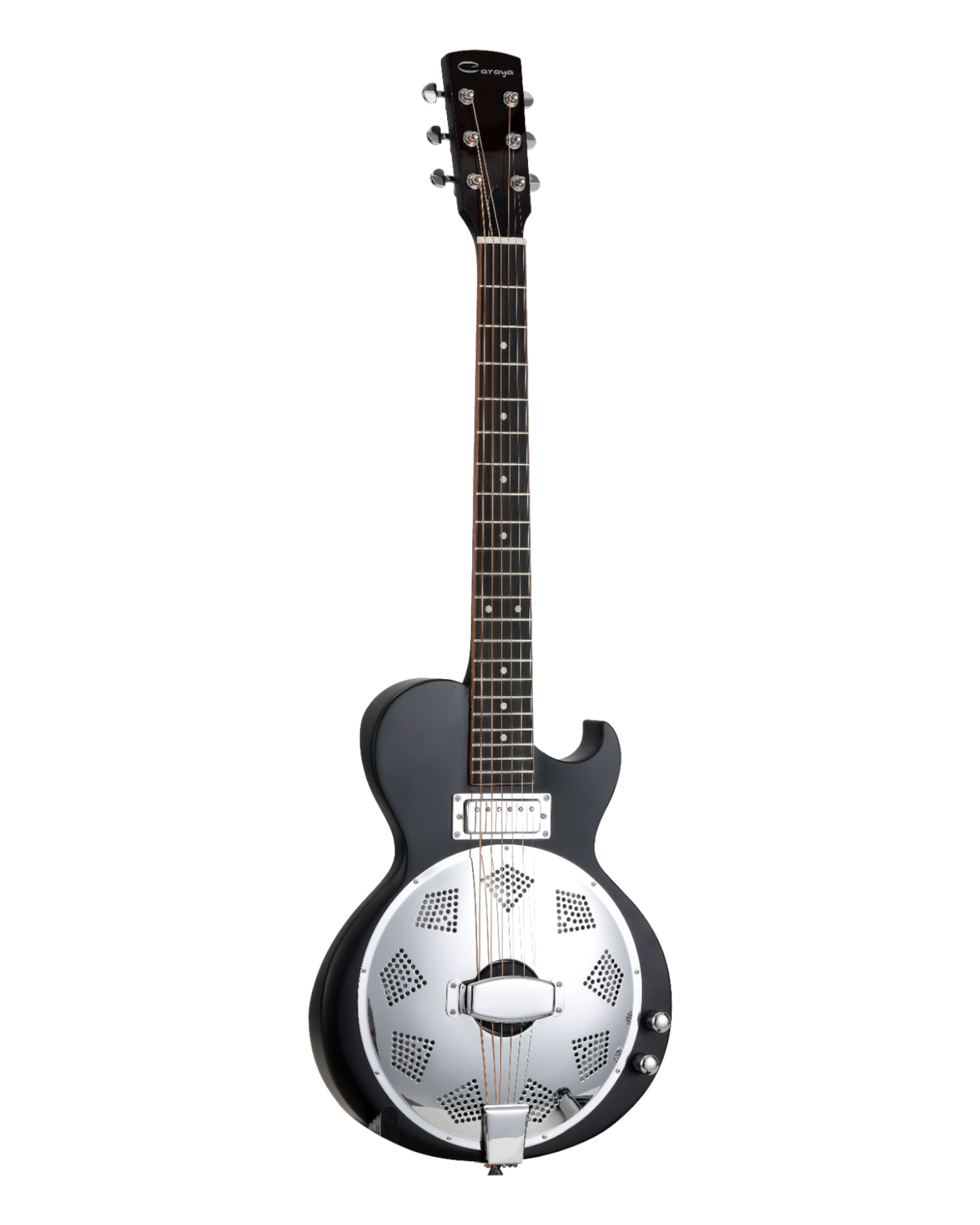 Caraya “Bold, Lightweight, Cool” Okoume Electric Resonator Hybrid Guitar w/ Built-in Humbucker Pickups in Black Matte Finish - SDG80