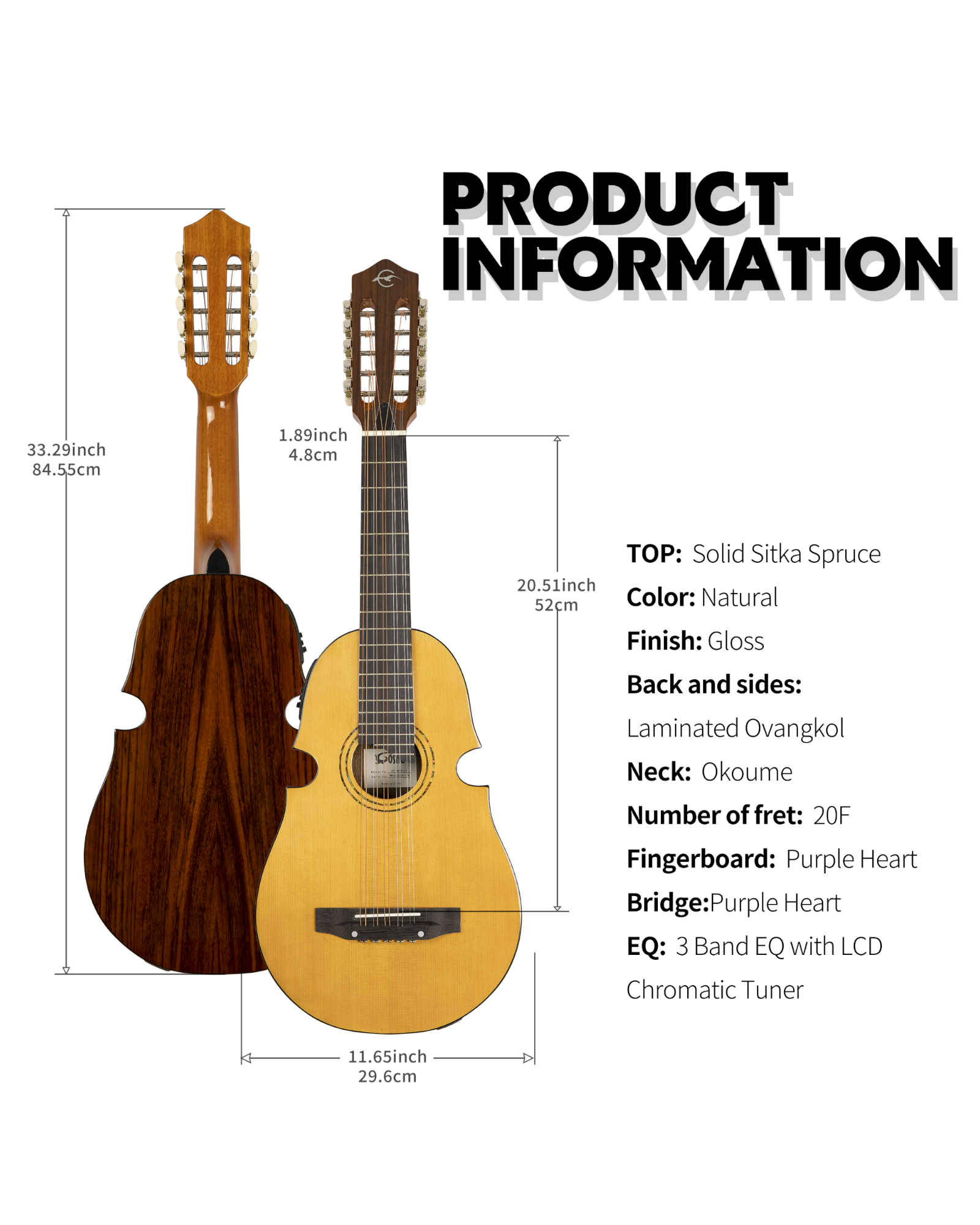 Caraya Solid Spruce Electric-Acoustic 10-String Cuatro Latin-American Guitar w/ Built-in Belcat EQ & Tuner - C4800NT