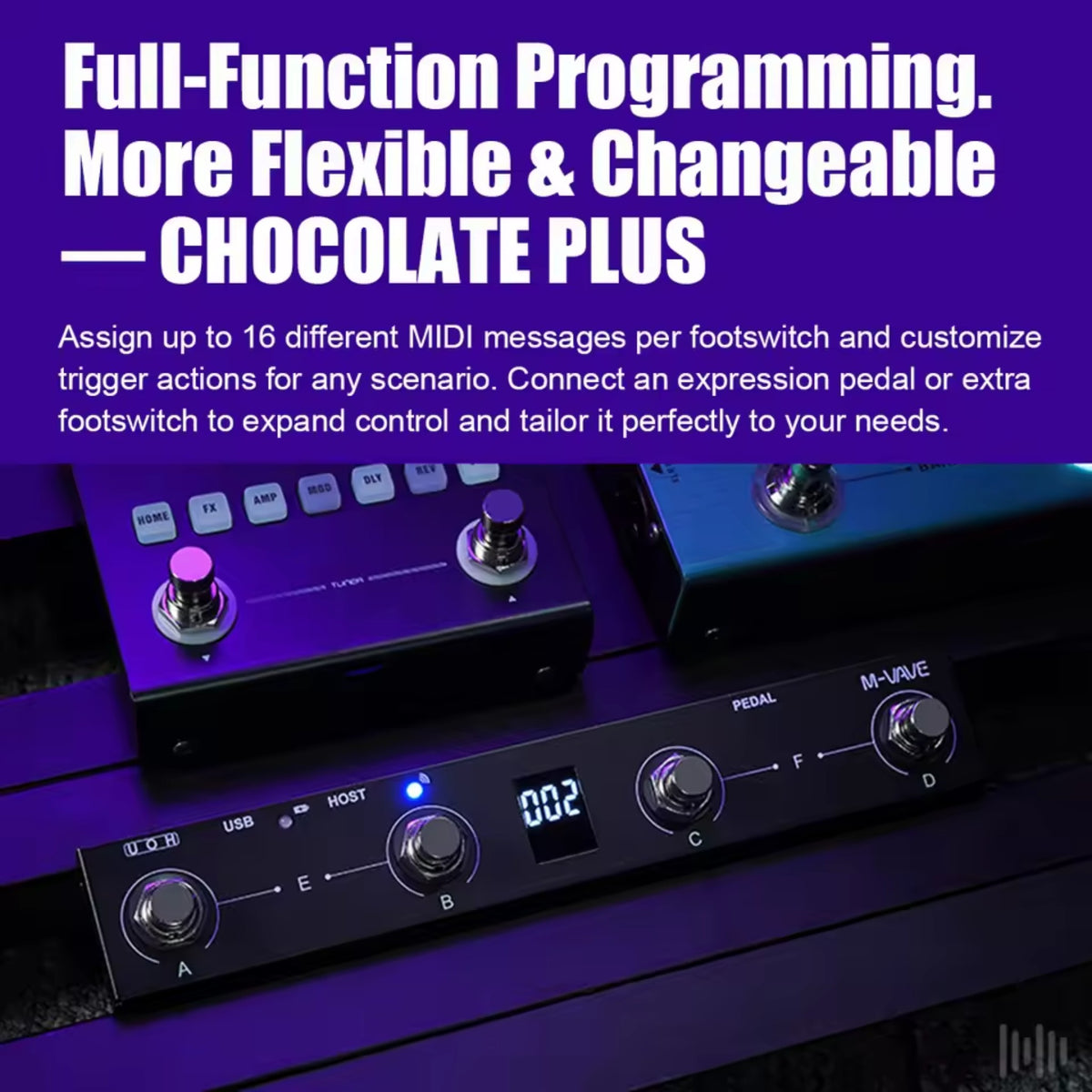 M-VAVE CHOCOLATEPLUS Wireless 4-Switch MIDI Foot Controller w/ Built-In MIDI Host Interface & Customisable Banks