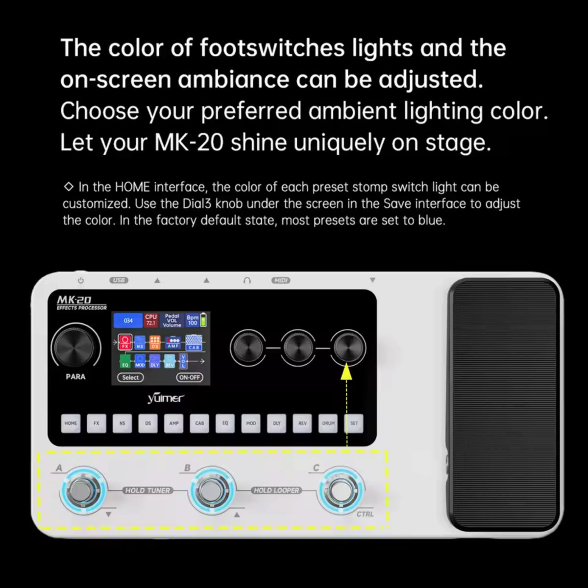 Yuimer MK20Y Portable Rechargeable 3-Switch Guitar & Bass Multi-Effects Floor Processor w/ Built-In Expression Pedal