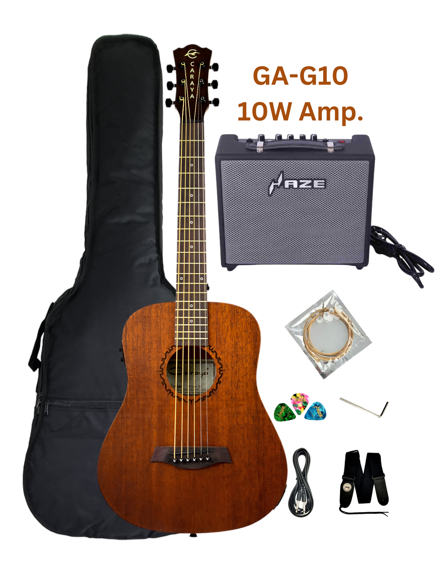 Caraya SAFAIR34EQ 34" All Mahogany Built-In Pickups/Tuner Acoustic Guitar - Natural with Accessories and 10W Amp. (Optional)