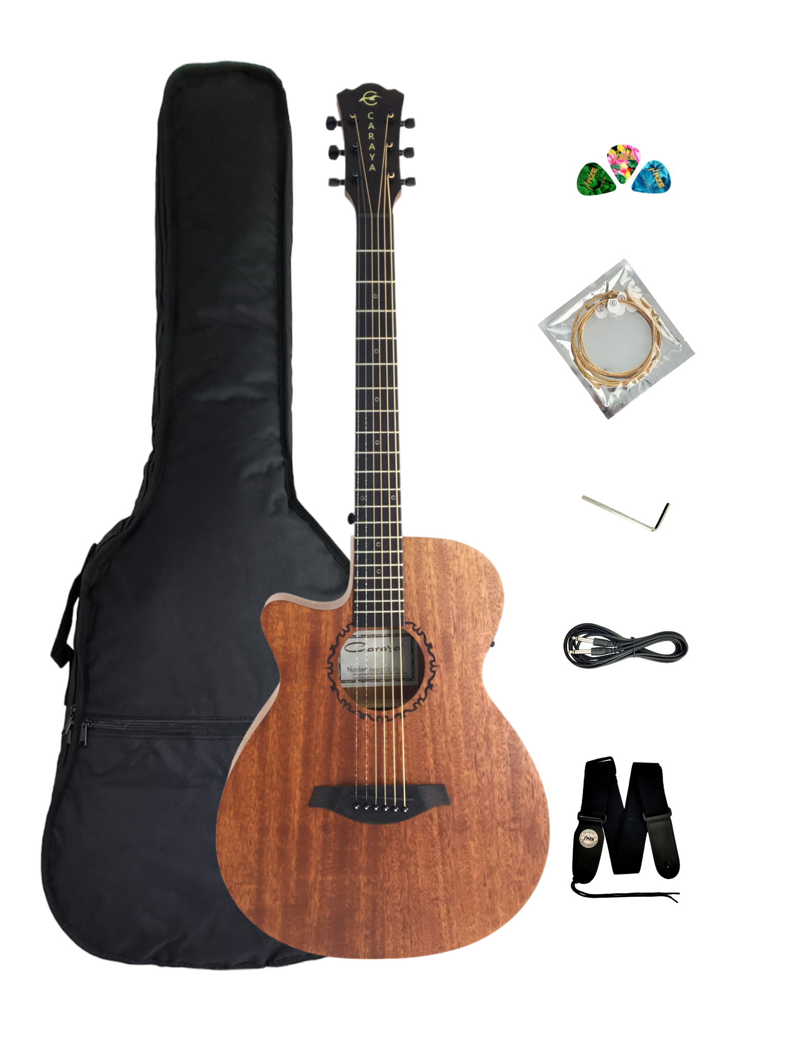 Caraya SAFAIR40CEQLH Left-Handed Thin-Body Built-In Pickups/Tuner Acoustic Guitar - Natural with Accessories and 10W Amp. (Optional)