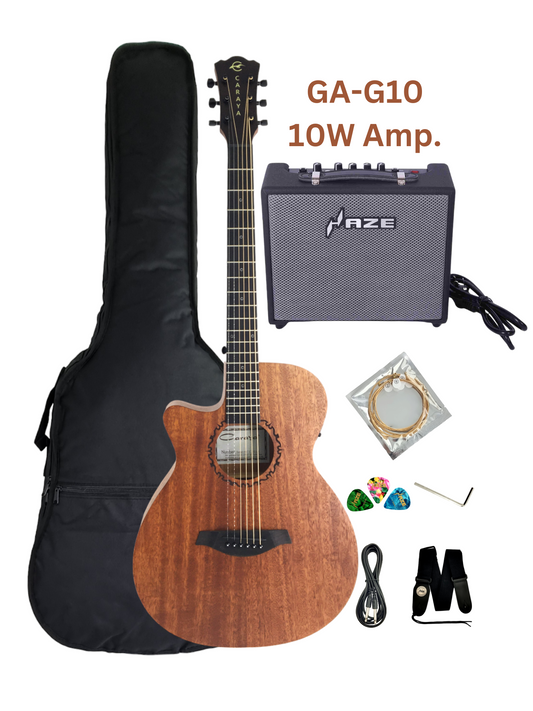 Caraya SAFAIR40CEQLH Left-Handed Thin-Body Built-In Pickups/Tuner Acoustic Guitar - Natural with Accessories and 10W Amp. (Optional)