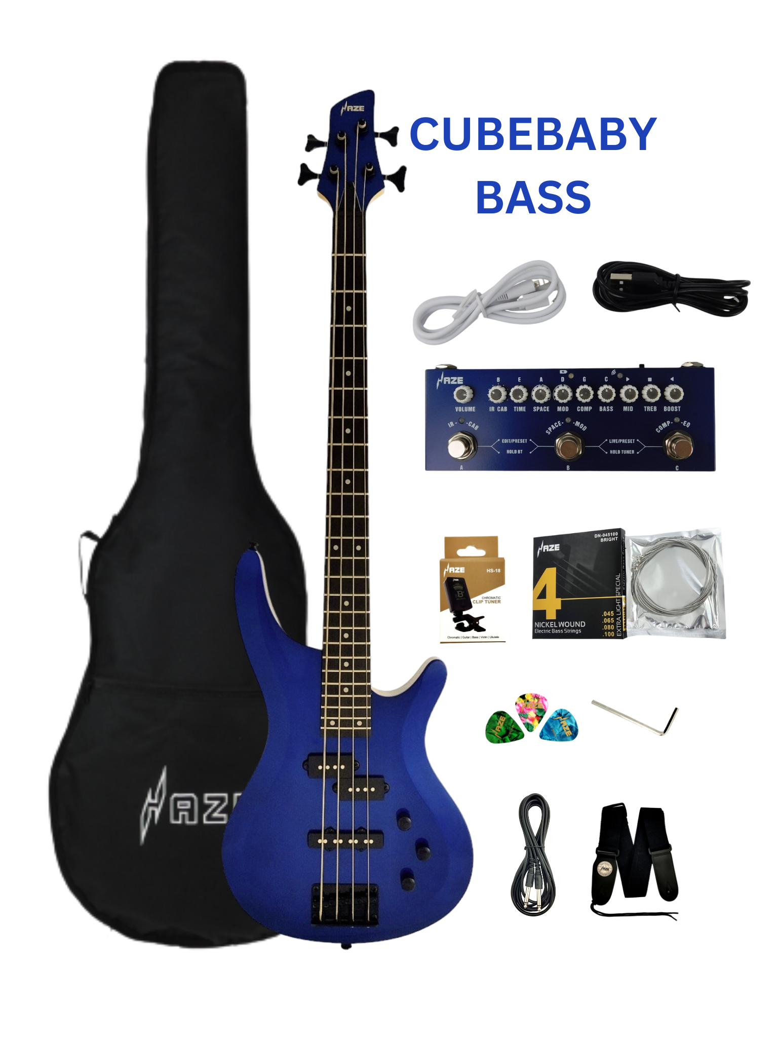 Haze SBG385JB Electric Bass Guitar, 4-String, Navy Metallic Blue with Accessories and Haze CUBEBABY Multi Effects Pedals(Optional)