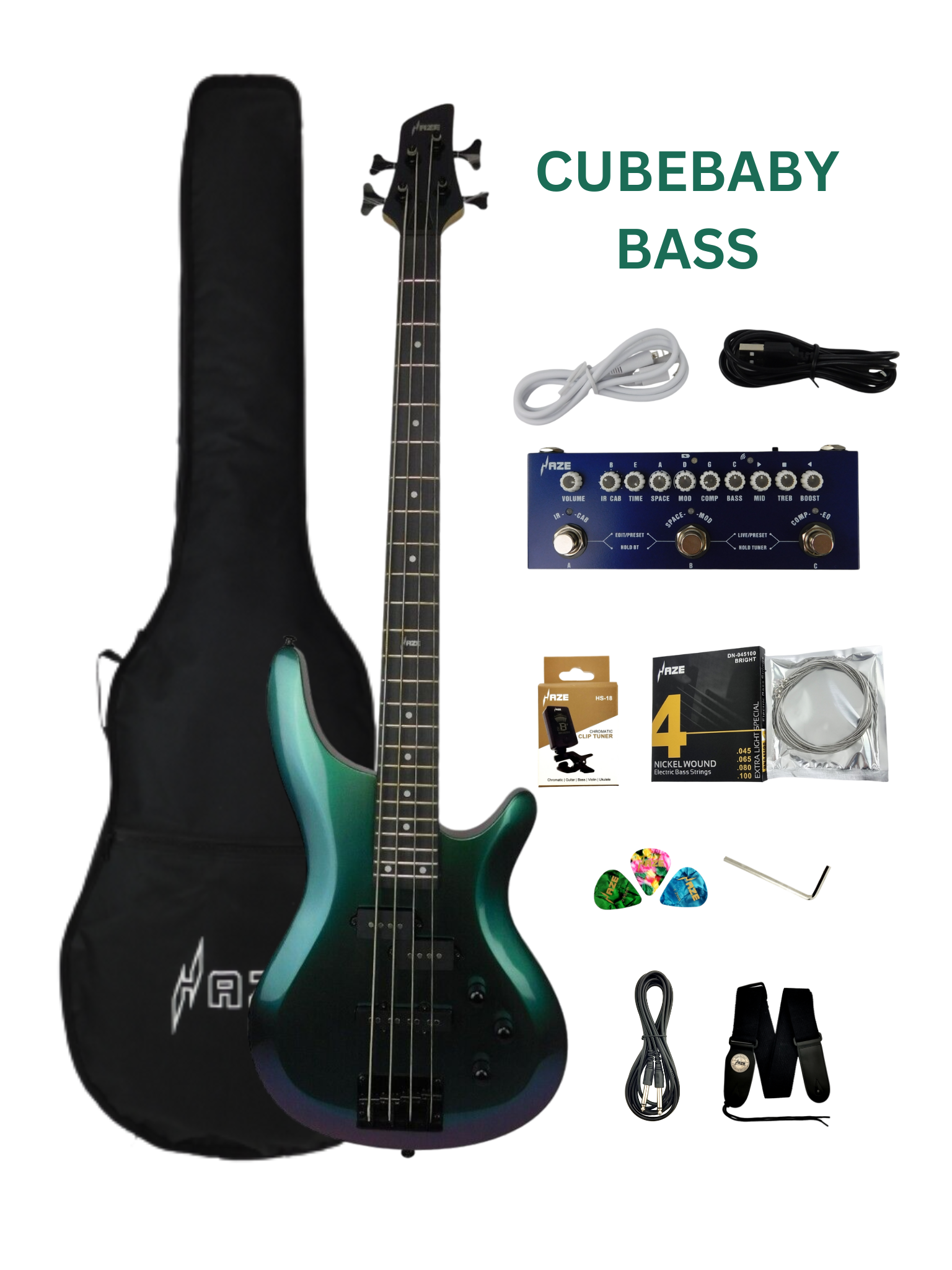 Haze Chameleon Split/Single Coil Solid Basswood J-Style Electric Bass Guitar SBG385V Accessories & CUBEBABY Pedal (Optional)