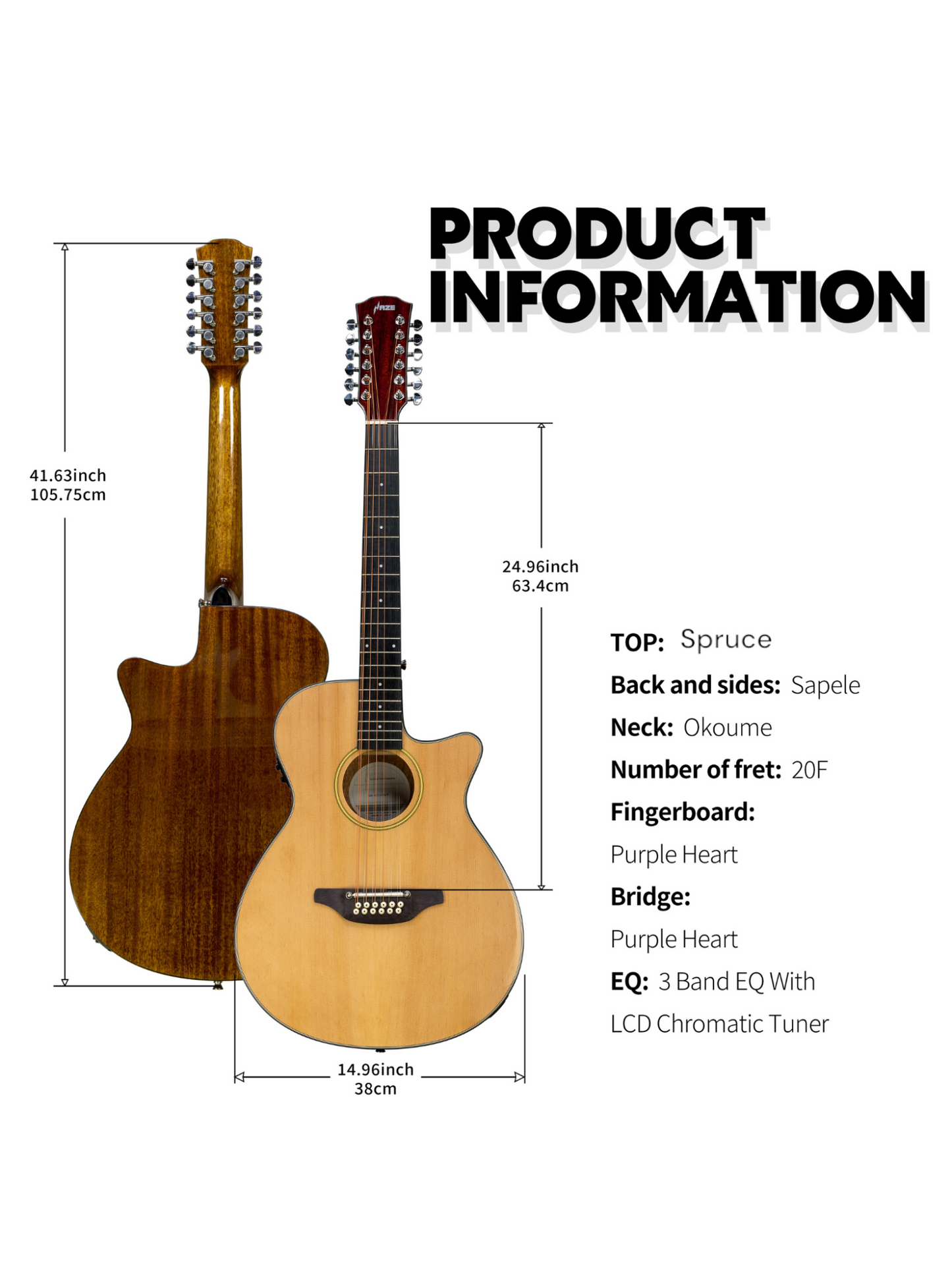 Haze SDG82712CEQN 12-String Acoustic-Electric Guitar with Height Adjustable Saddle - Natural