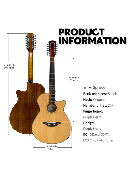 Haze SDG82712CEQN 12-String Acoustic-Electric Guitar with Height Adjustable Saddle - Natural