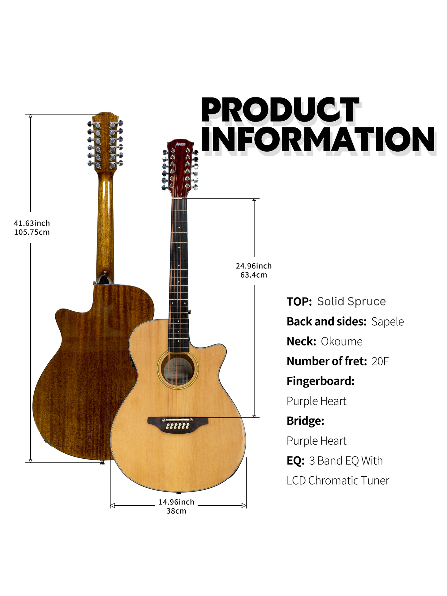 Haze 12-String Saddle Height Adjustable Built-In Pickup/Tuner Acoustic Guitar - Natural SDG82712CEQSN