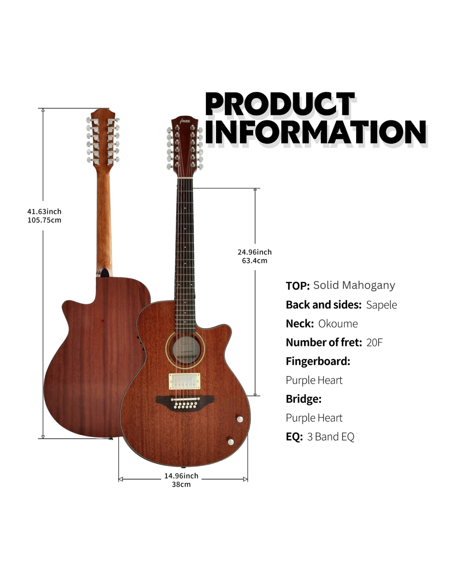 Haze  12-String Hybrid special Acoustic-Electric Guitar - Solid top  Natural SDG82812CHEQSM