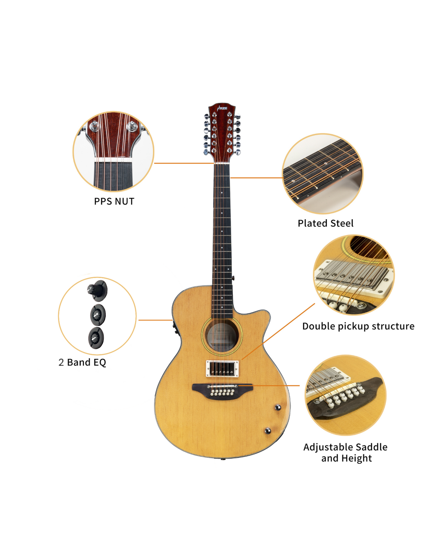 Haze SDG82812CHEQSN Hybrid Acoustic – Electric 12 string Guitars Humbucker Saddle Height Adjustable - Natural