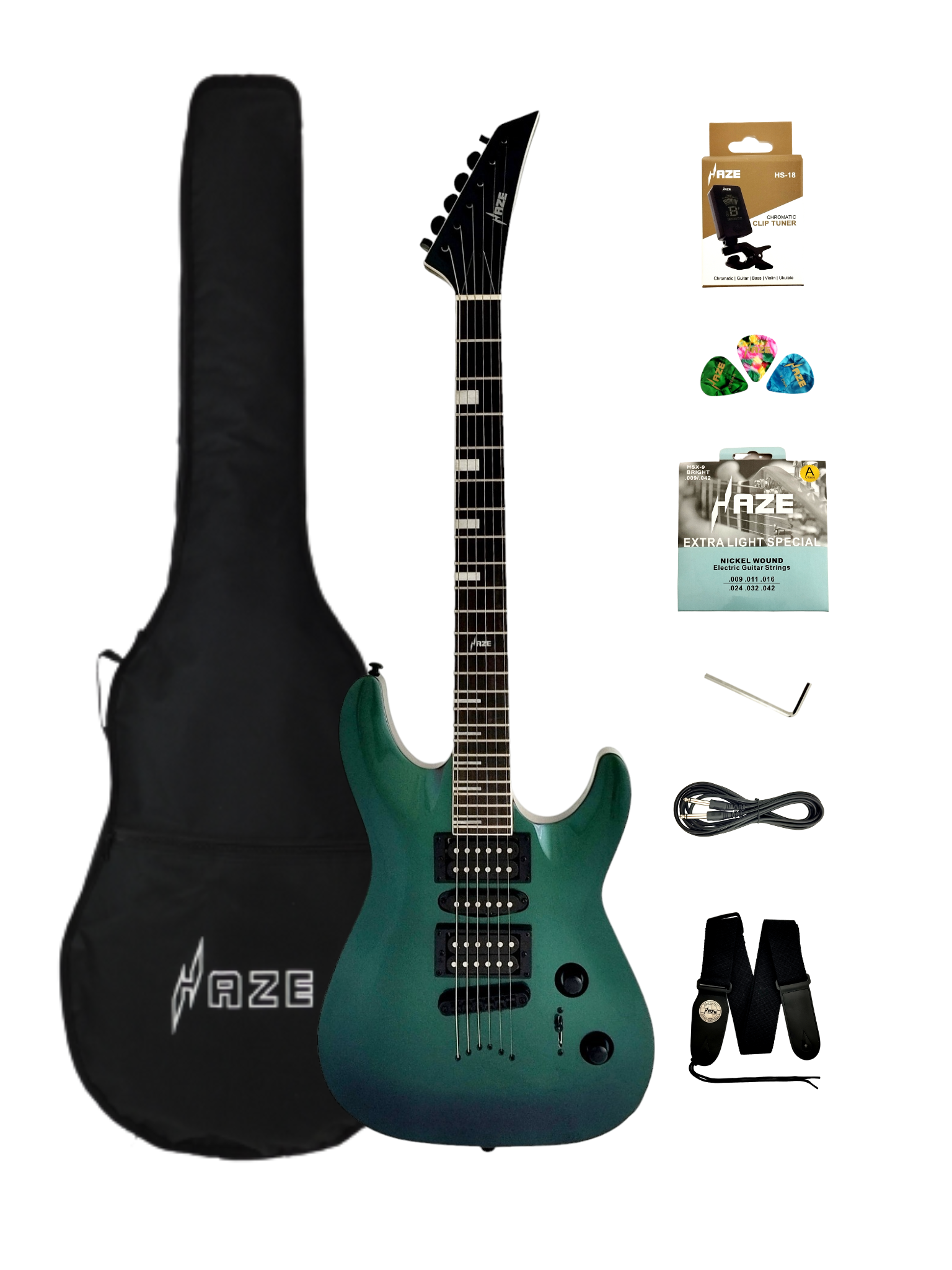 Haze SEG258 Chameleon Green/Purple Electric Guitar with HSH Pickups and Double Cutaway