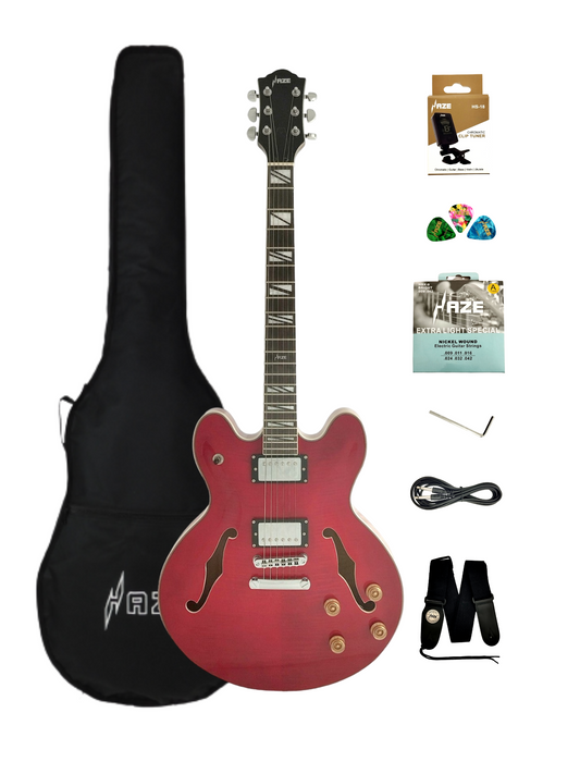 Haze Semi-Hollow Flame Maple HES Electric Guitar SEG272CR - Cherry Red