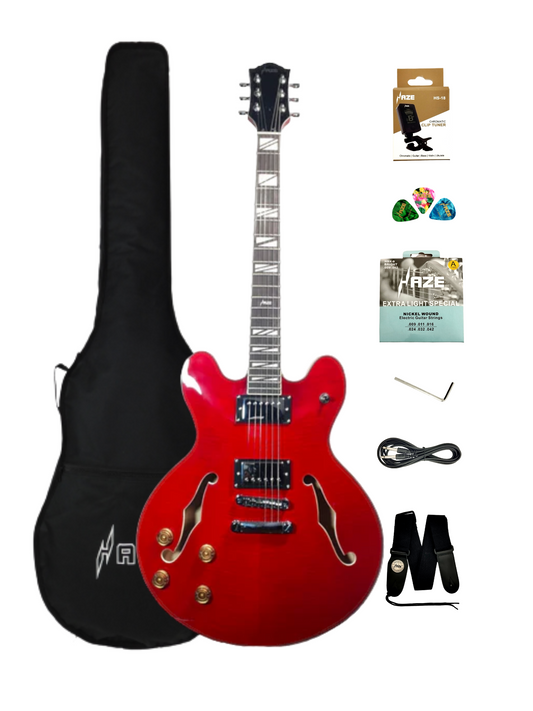 Haze Left-Handed Semi-Hollow Flame Maple HES Electric Guitar-SEG272CRLH Cherry red